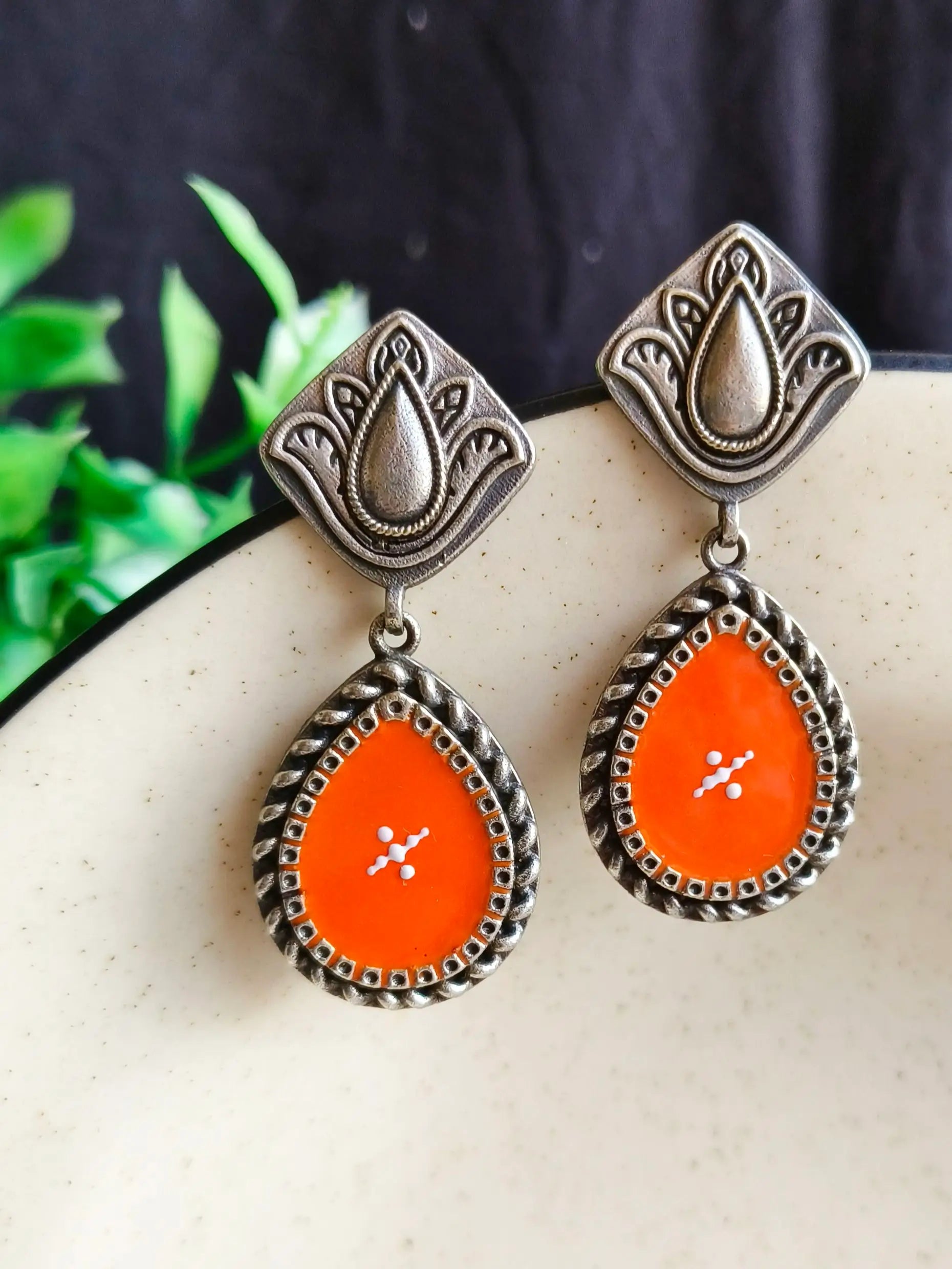 Silver Look-Alike Hand-Painted Enamel Dangler Earrings for Chic Style | Sarichka