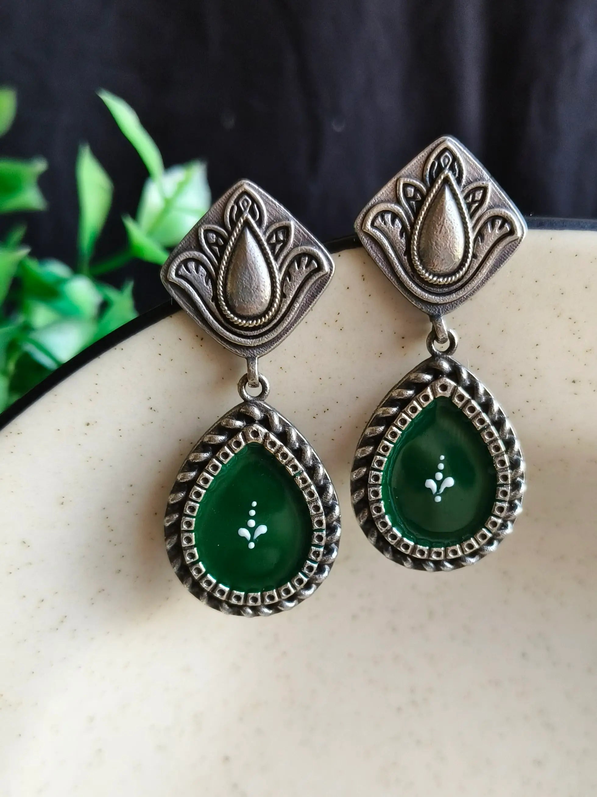 Silver Look-Alike Hand-Painted Enamel Dangler Earrings for Chic Style | Sarichka