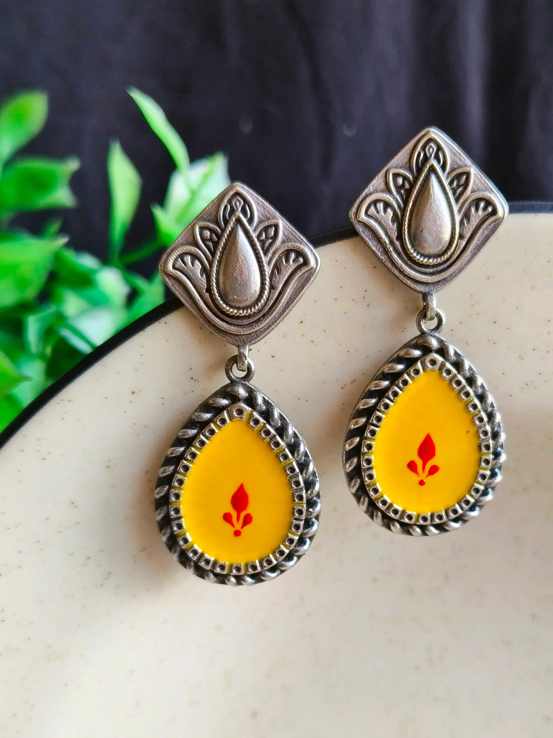 Silver Look-Alike Hand-Painted Enamel Dangler Earrings for Chic Style | Sarichka