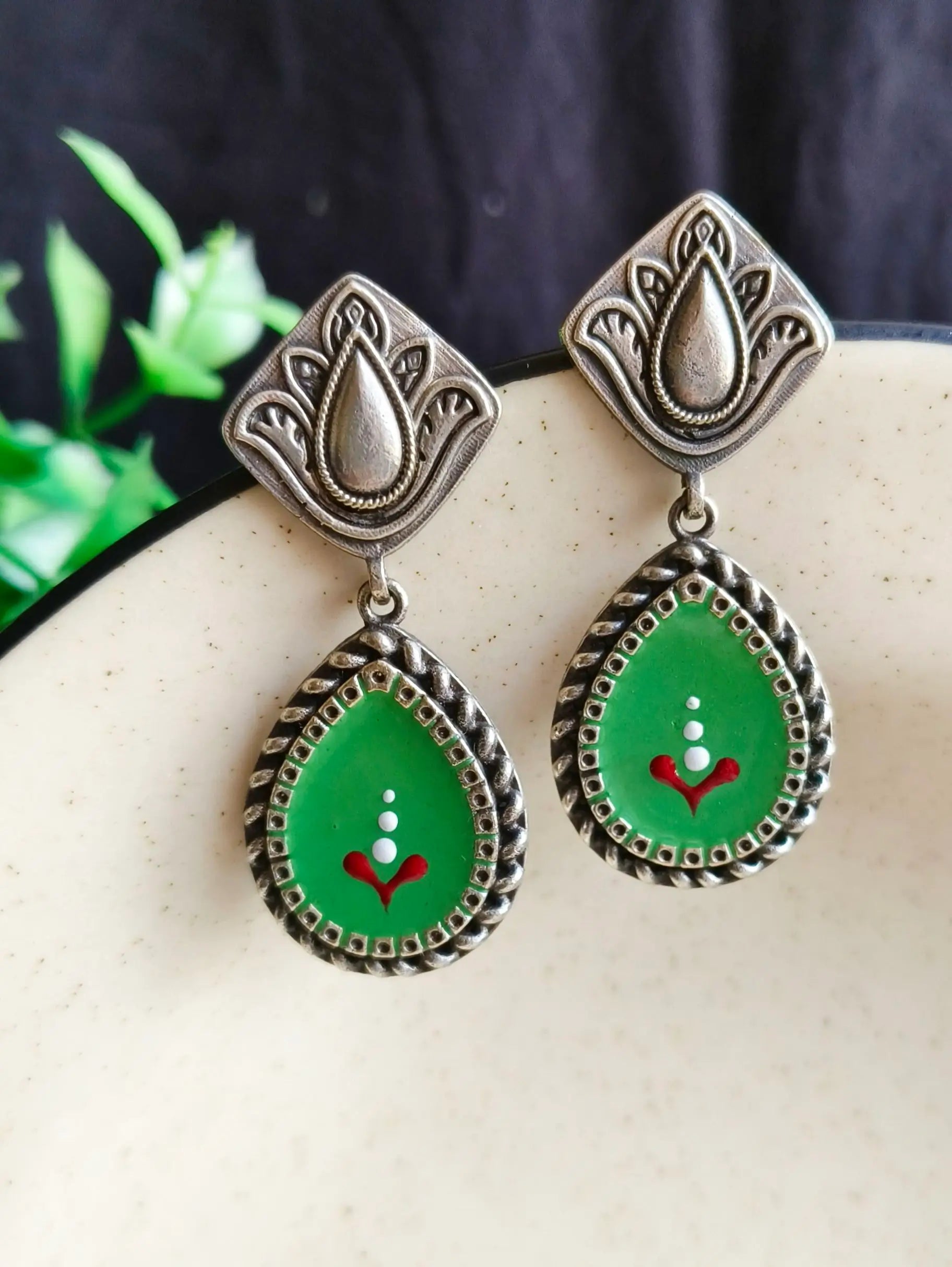 Silver Look-Alike Hand-Painted Enamel Dangler Earrings for Chic Style | Sarichka