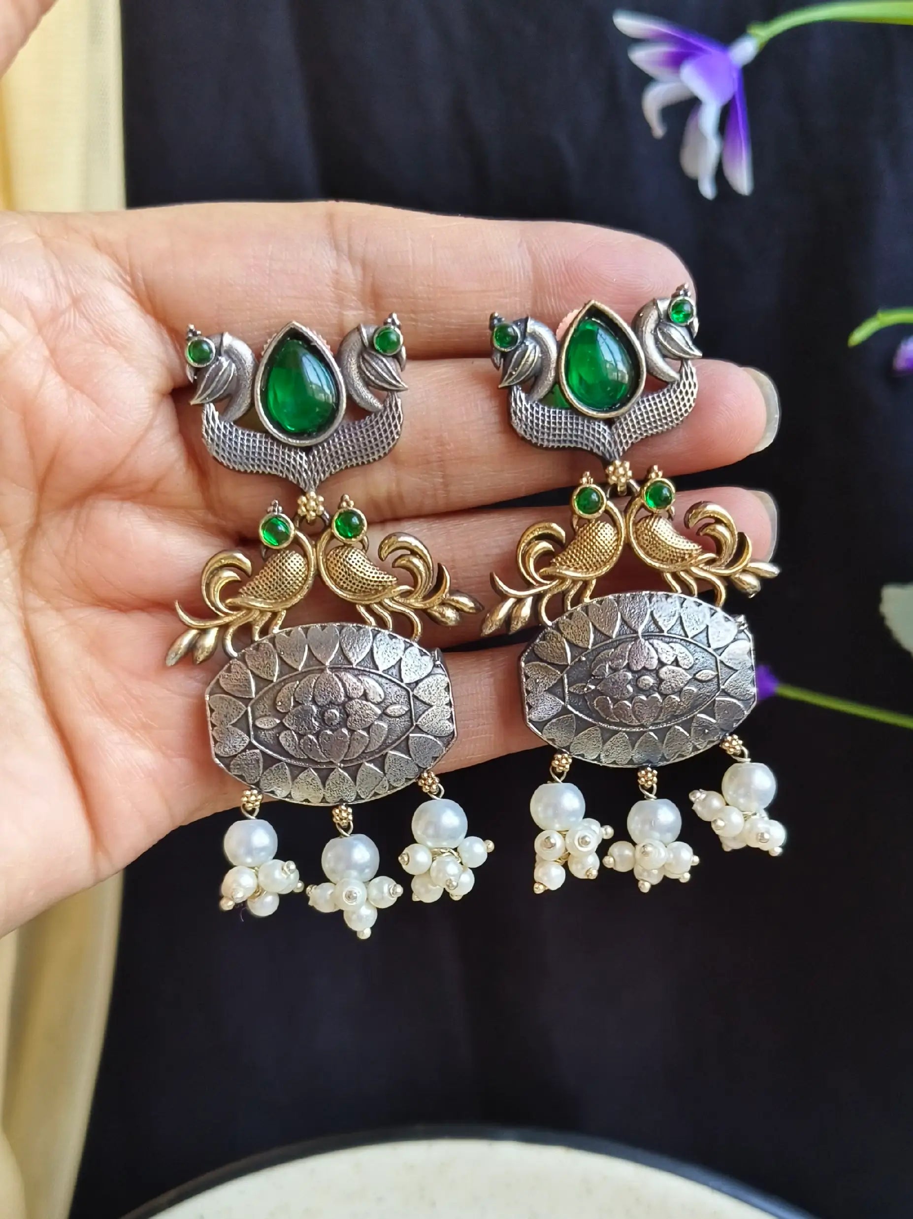 Exquisite Two-Tone Oxidized Peacock Dangler Earrings for Elegance | Sarichka