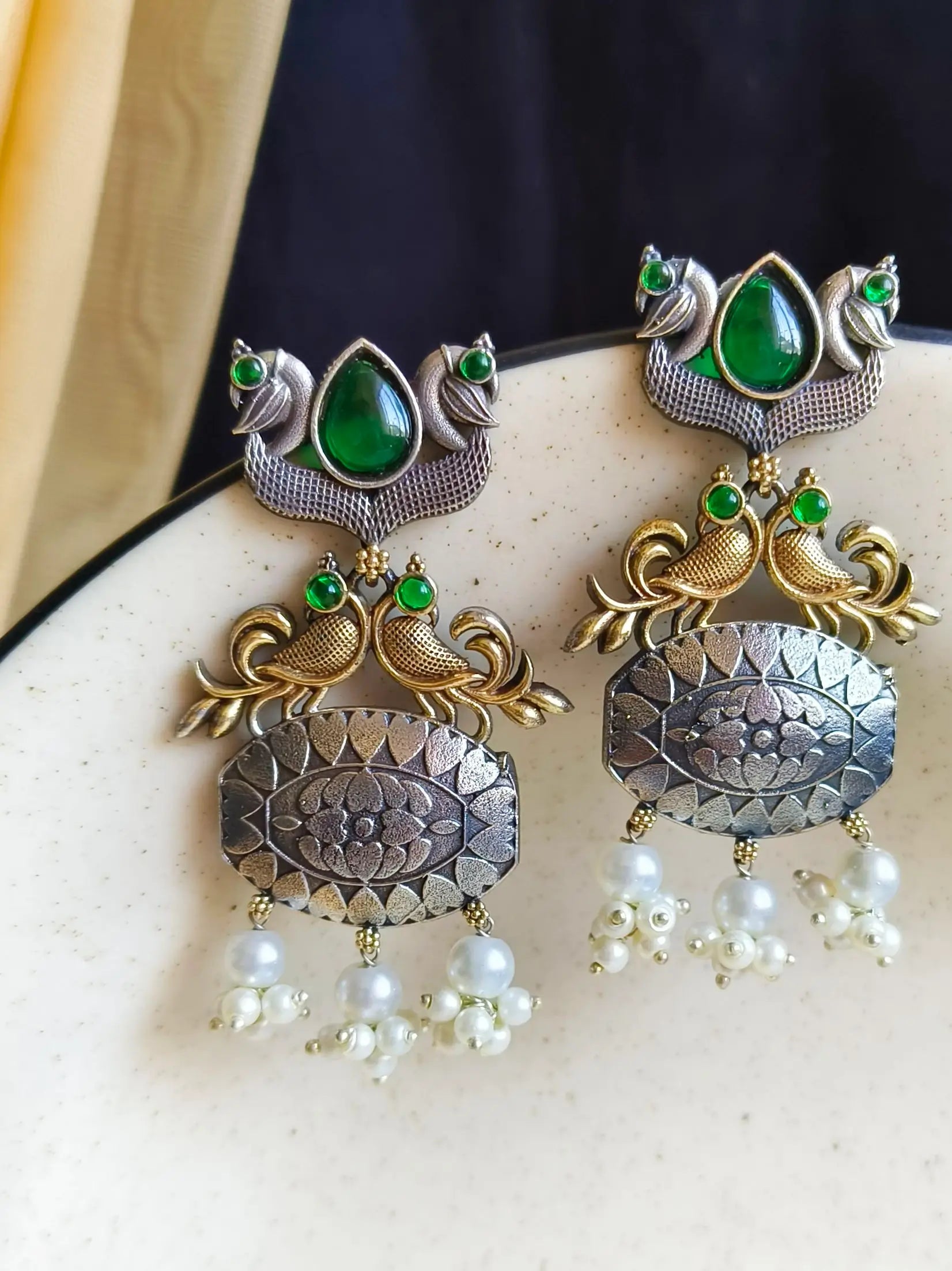 Exquisite Two-Tone Oxidized Peacock Dangler Earrings for Elegance | Sarichka