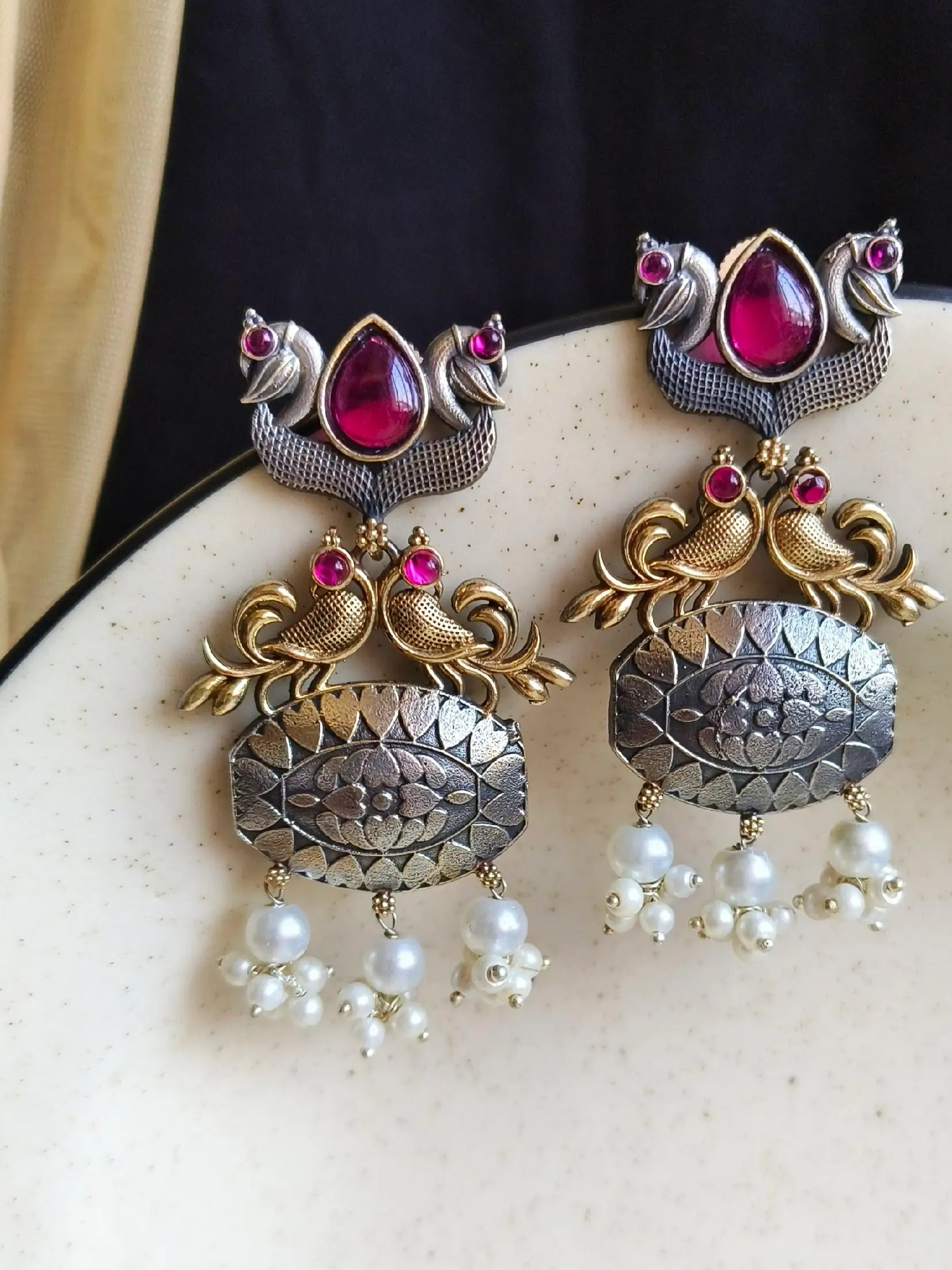 Exquisite Two-Tone Oxidized Peacock Dangler Earrings for Elegance | Sarichka