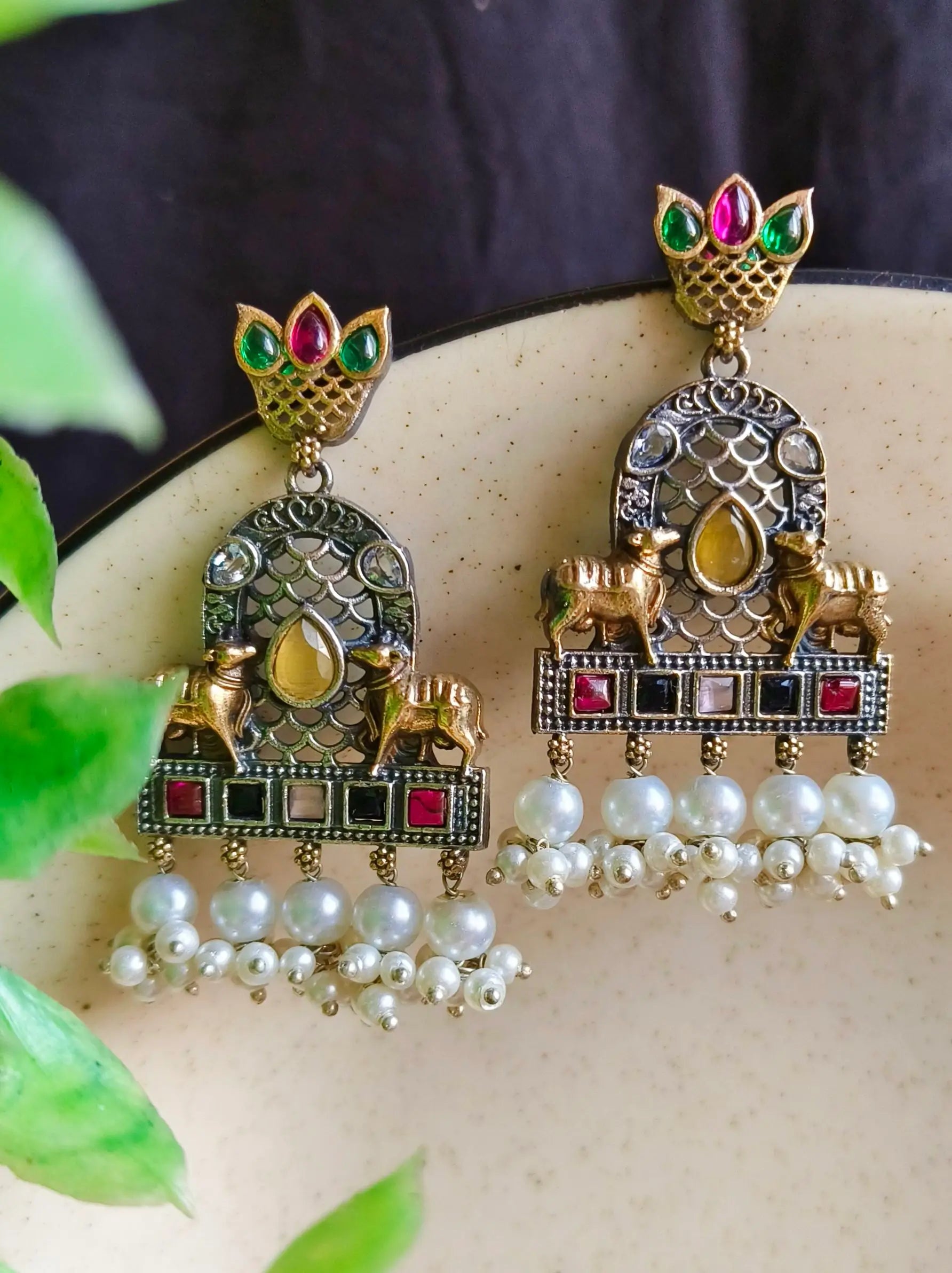 Traditional Two-Tone Oxidized Nandi Dangler Earrings for Grace | Sarichka