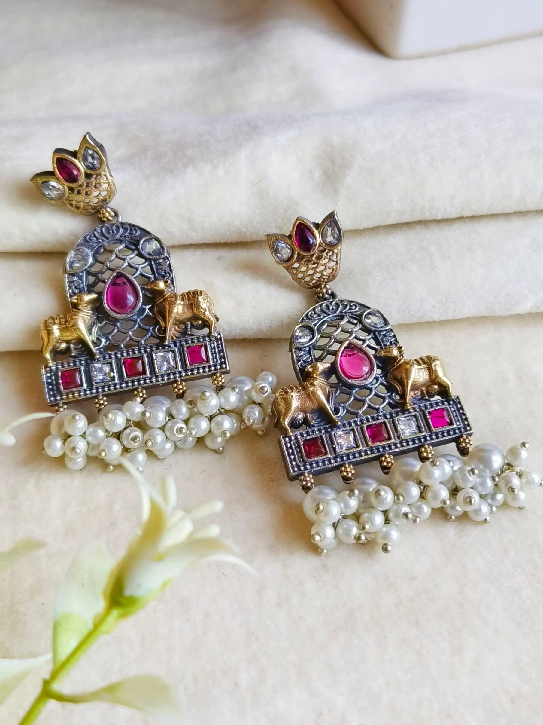 Traditional Two-Tone Oxidized Nandi Dangler Earrings for Grace | Sarichka