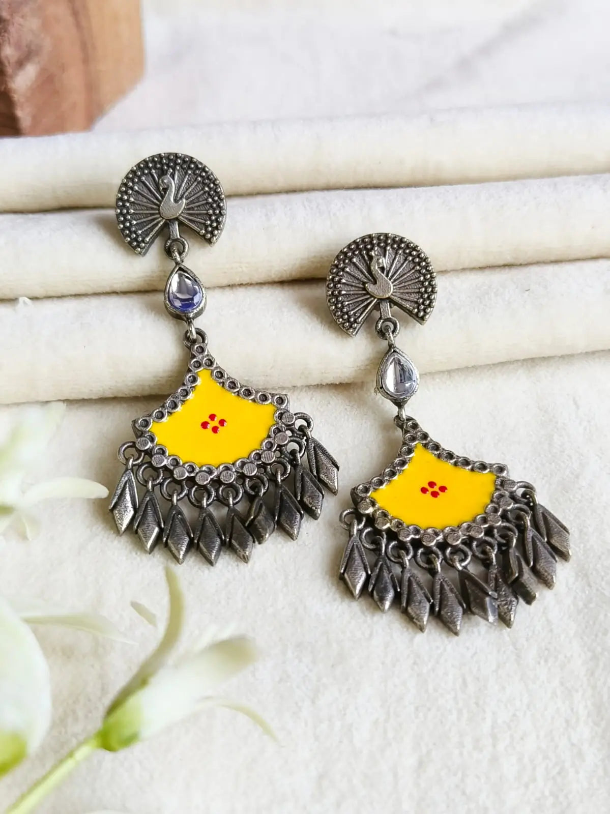 Hand-Painted Meenakari Oxidised Silver Dangler Earrings for Special Occasions | Sarichka