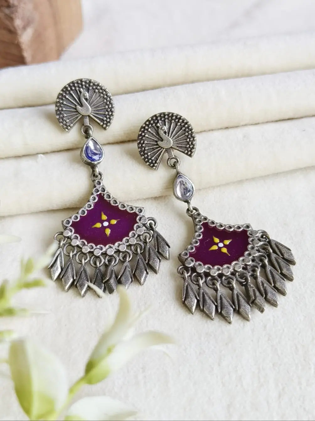 Hand-Painted Meenakari Oxidised Silver Dangler Earrings for Special Occasions | Sarichka