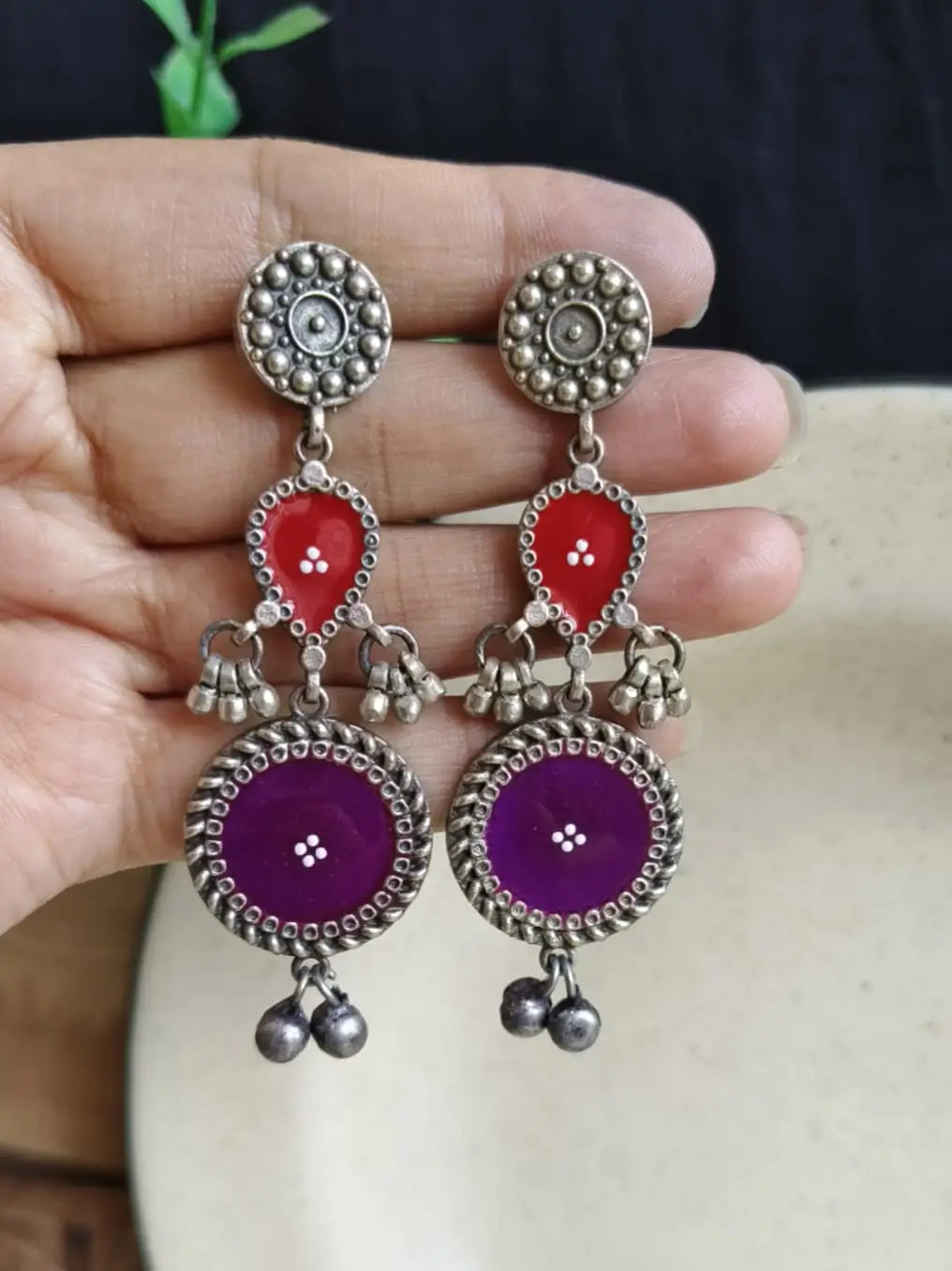 Silver Polish Hand-Painted Meenakari Dangler Earrings | Sarichka