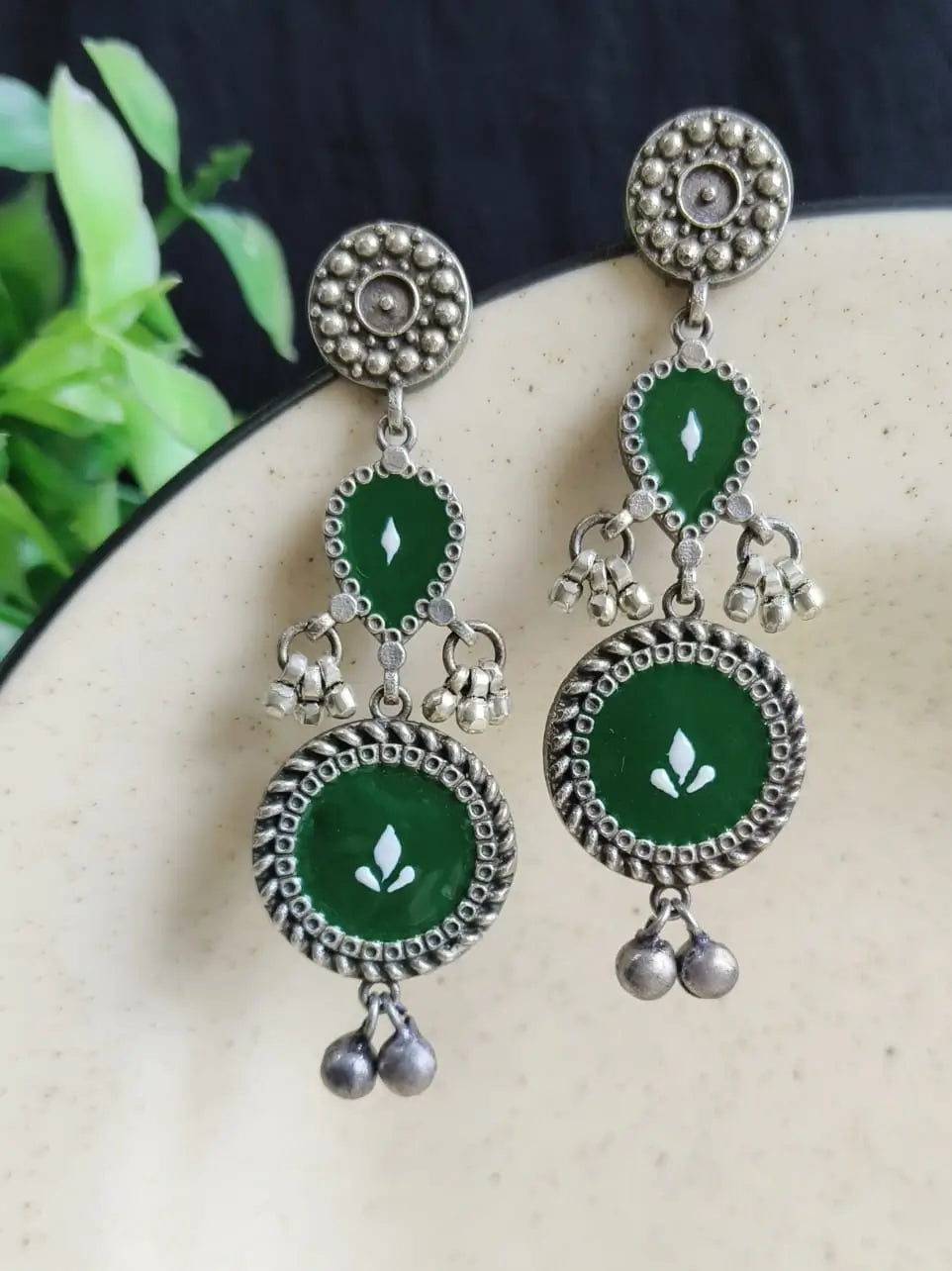 Silver Polish Hand-Painted Meenakari Dangler Earrings | Sarichka