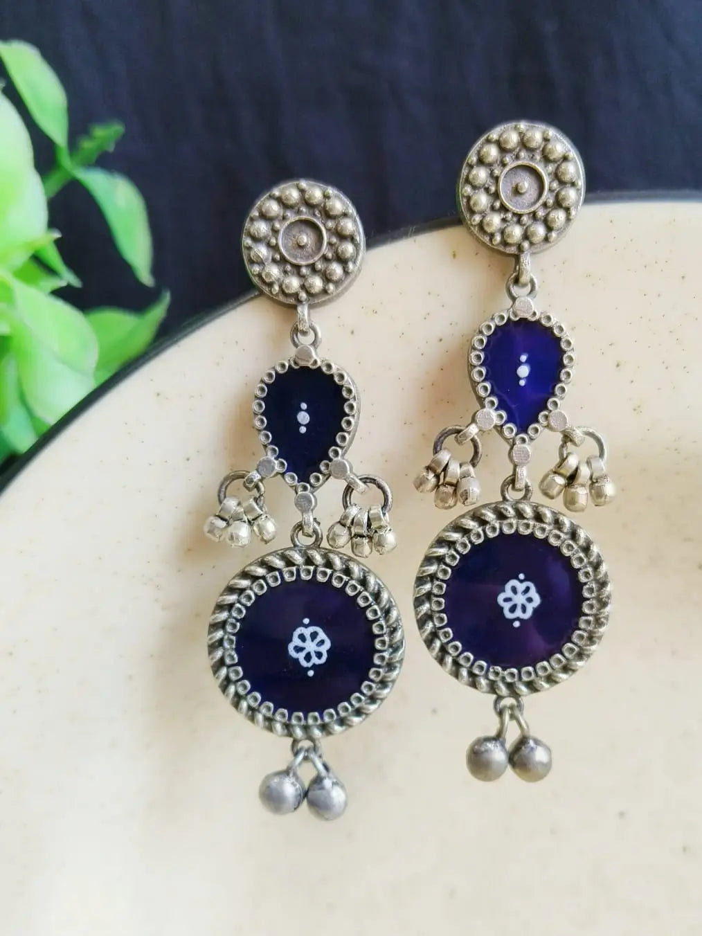 Silver Polish Hand-Painted Meenakari Dangler Earrings | Sarichka