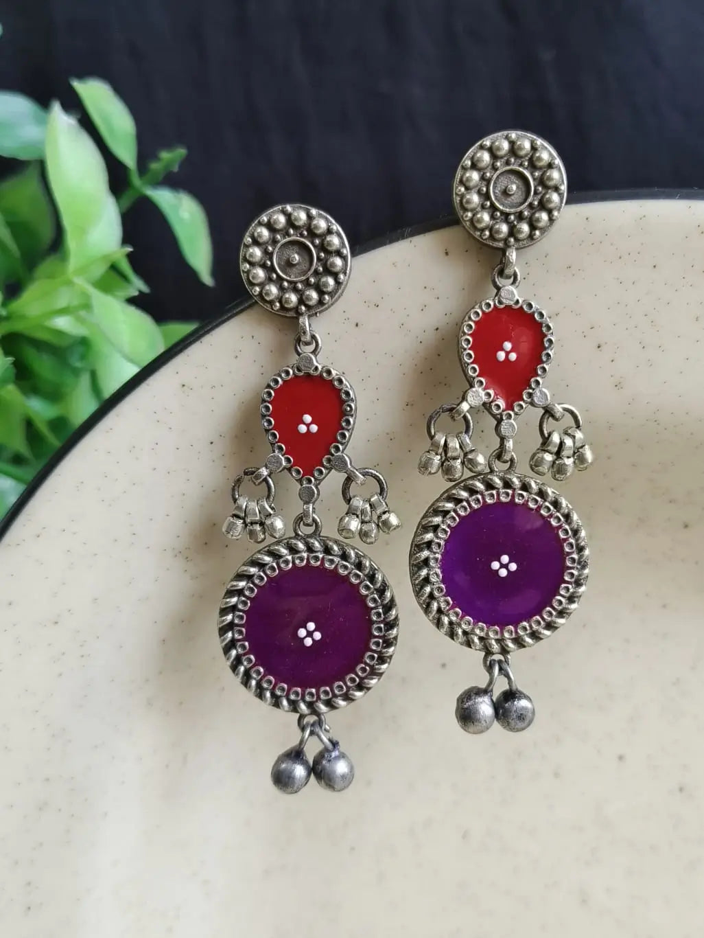 Silver Polish Hand-Painted Meenakari Dangler Earrings | Sarichka