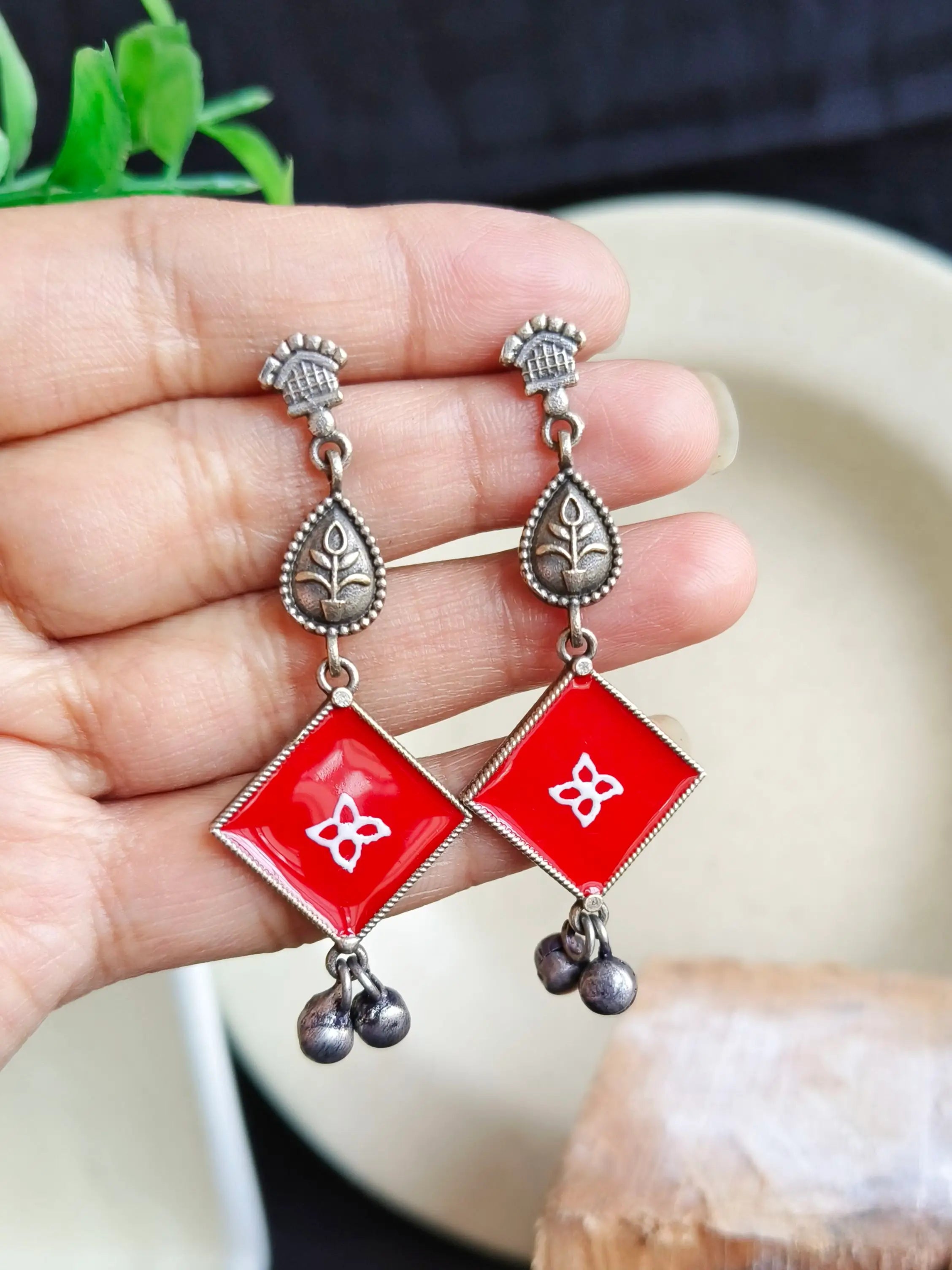 Hand-Painted Oxidised Silver Enamel Earrings with Square Charm | Sarichka