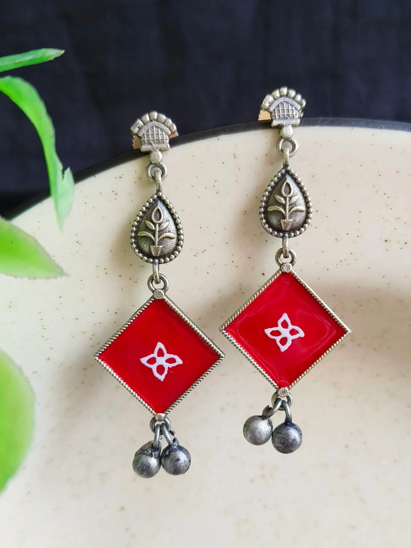 Hand-Painted Oxidised Silver Enamel Earrings with Square Charm | Sarichka