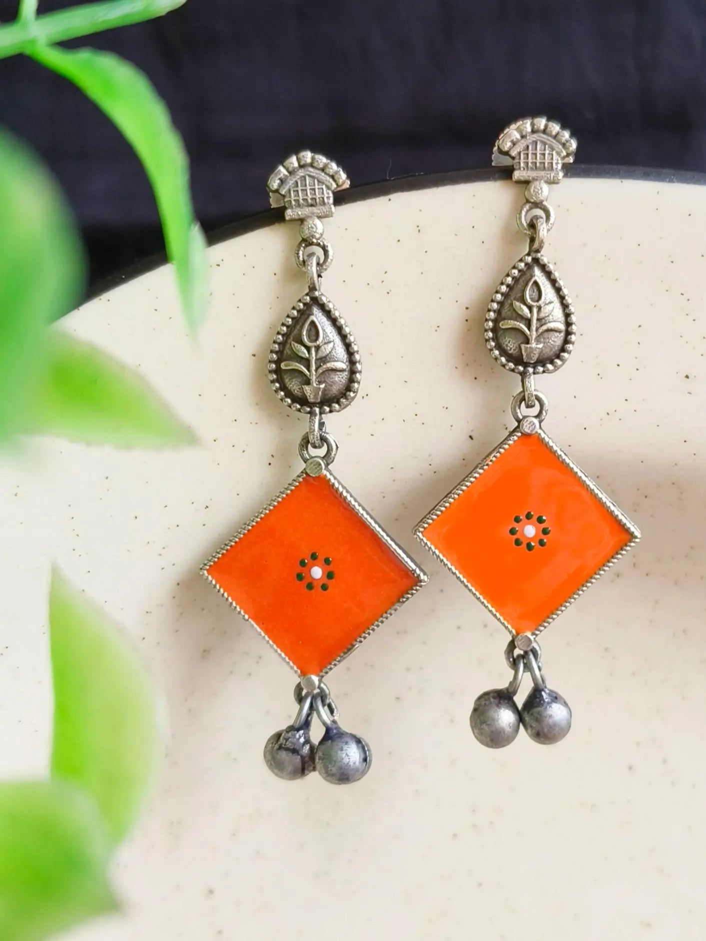 Hand-Painted Oxidised Silver Enamel Earrings with Square Charm | Sarichka