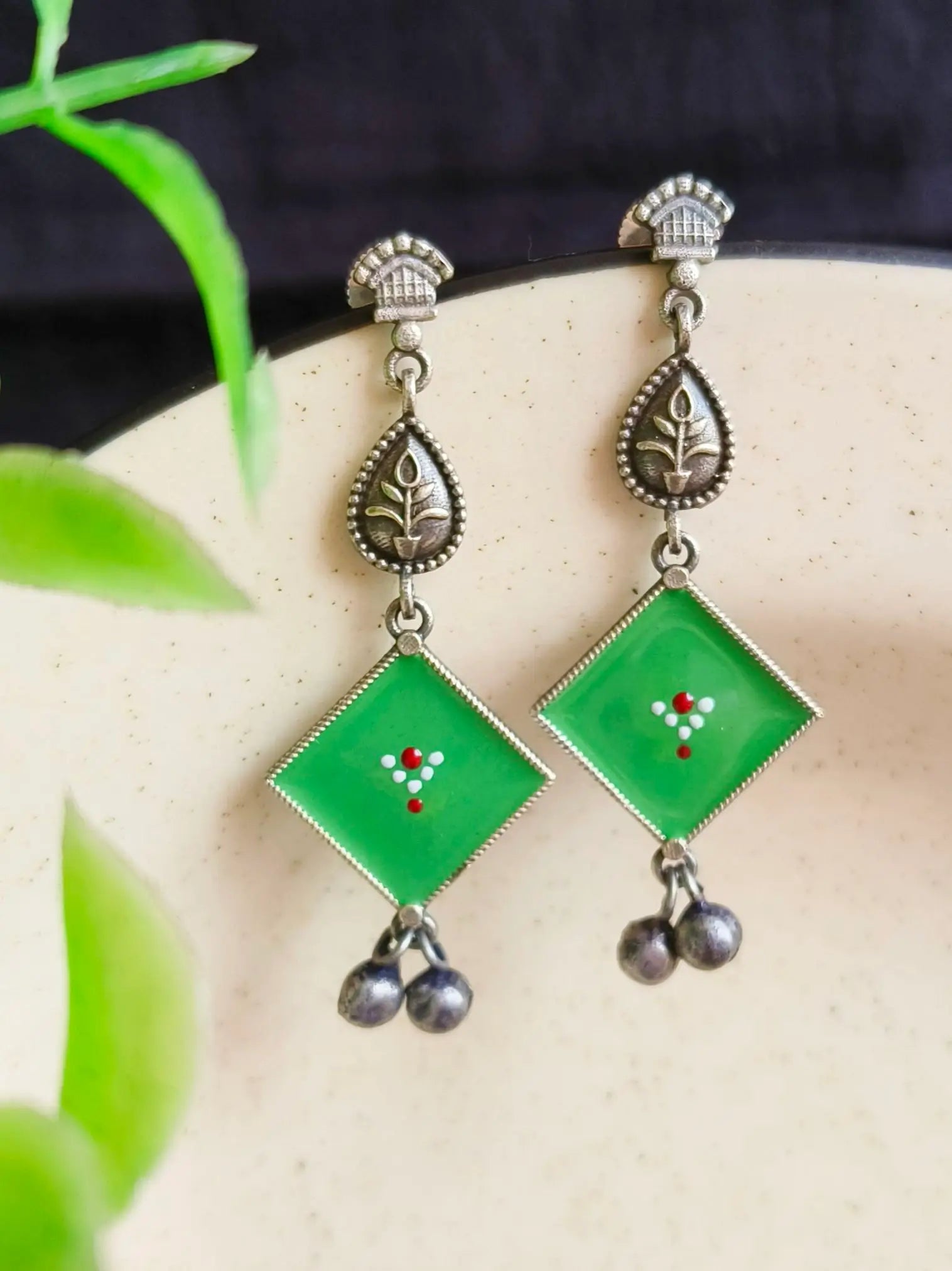 Hand-Painted Oxidised Silver Enamel Earrings with Square Charm | Sarichka