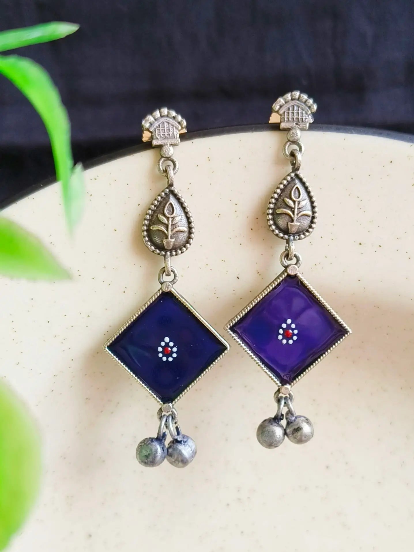 Hand-Painted Oxidised Silver Enamel Earrings with Square Charm | Sarichka