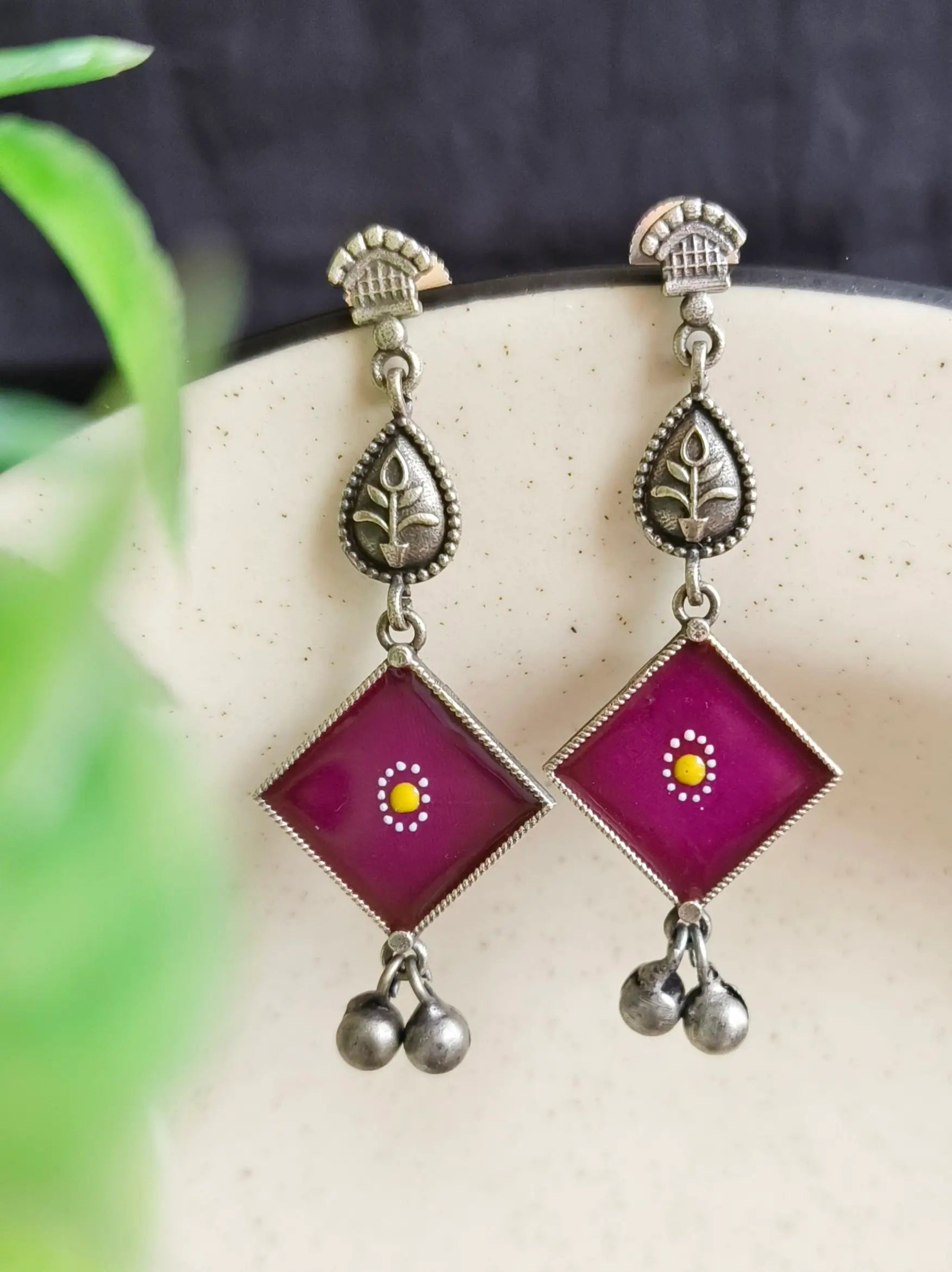 Hand-Painted Oxidised Silver Enamel Earrings with Square Charm | Sarichka