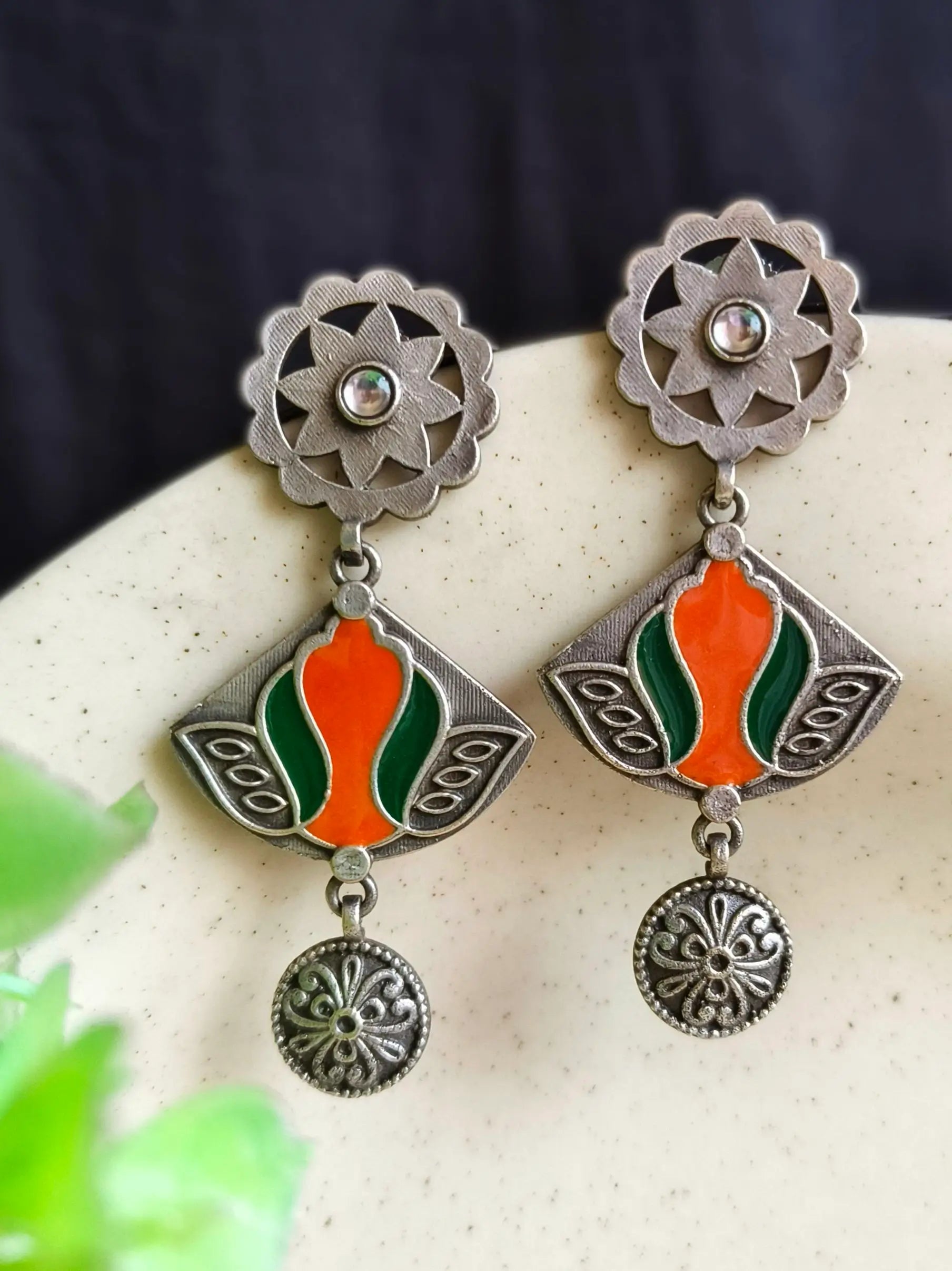 Hand-Painted Meenakari Silver Dangler Earrings with Festive Charm | Sarichka