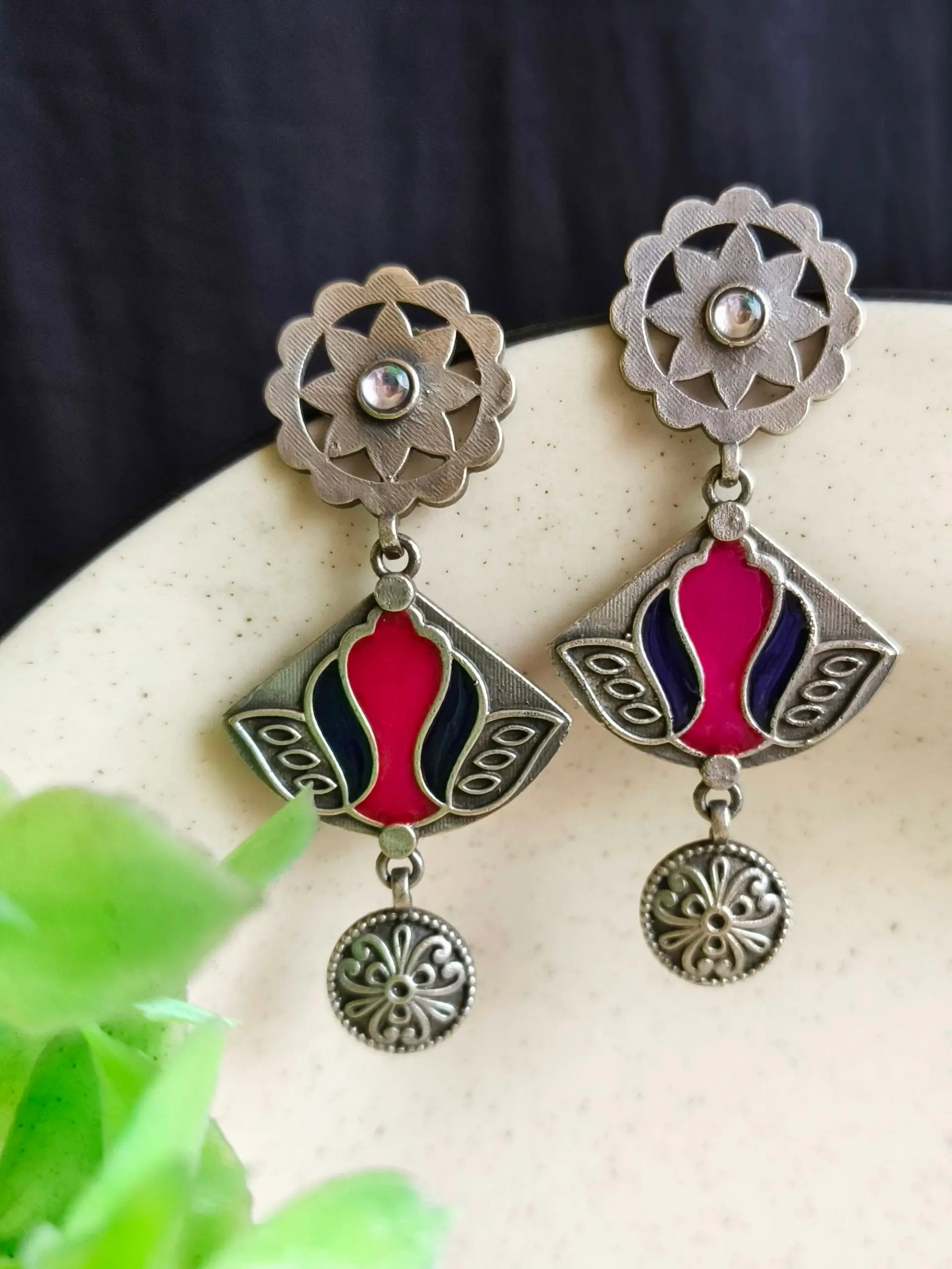 Hand-Painted Meenakari Silver Dangler Earrings with Festive Charm | Sarichka