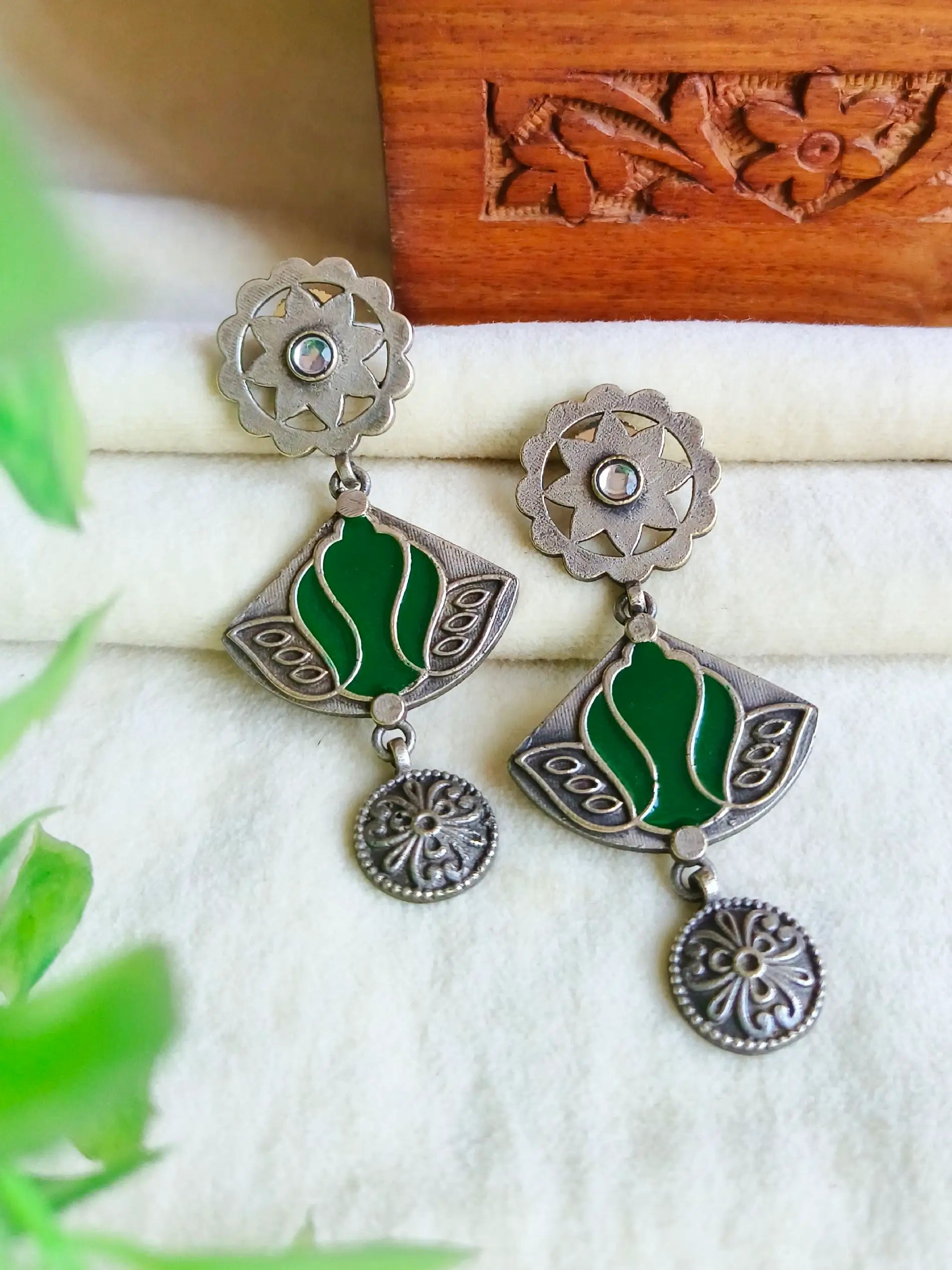 Hand-Painted Meenakari Silver Dangler Earrings with Festive Charm | Sarichka