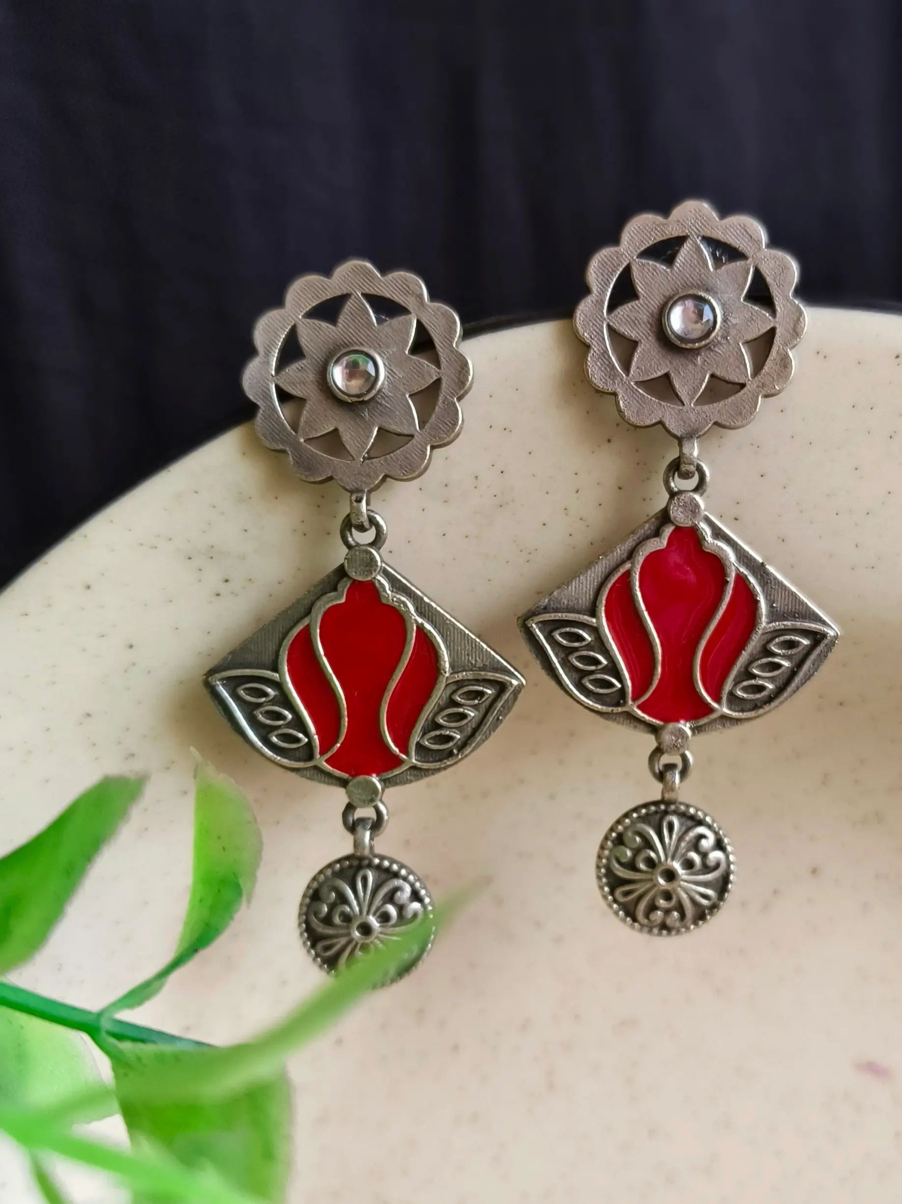 Hand-Painted Meenakari Silver Dangler Earrings with Festive Charm | Sarichka