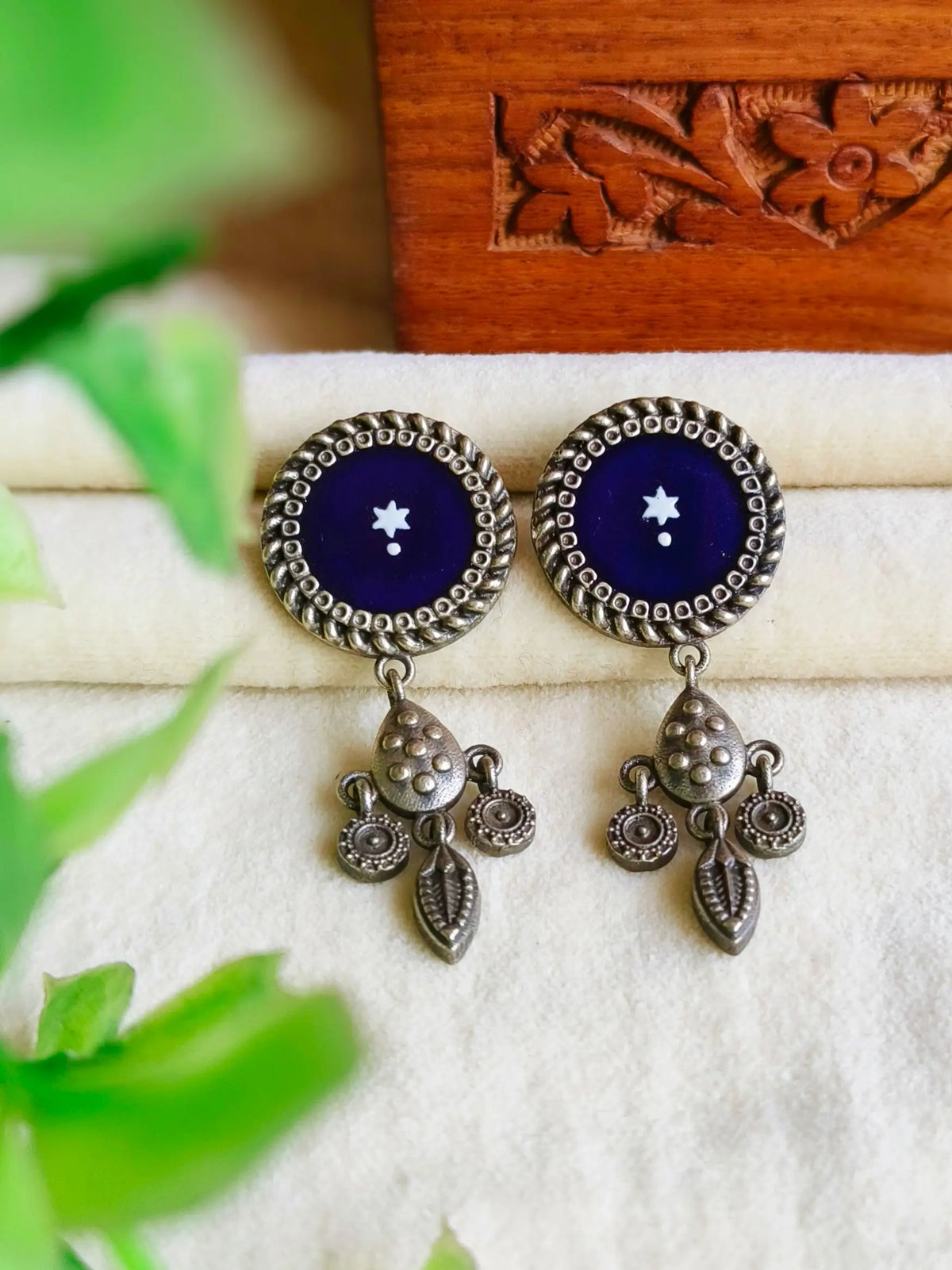 Handcrafted Oxidised Meenakari Round Dangler Earrings with Charm | Sarichka