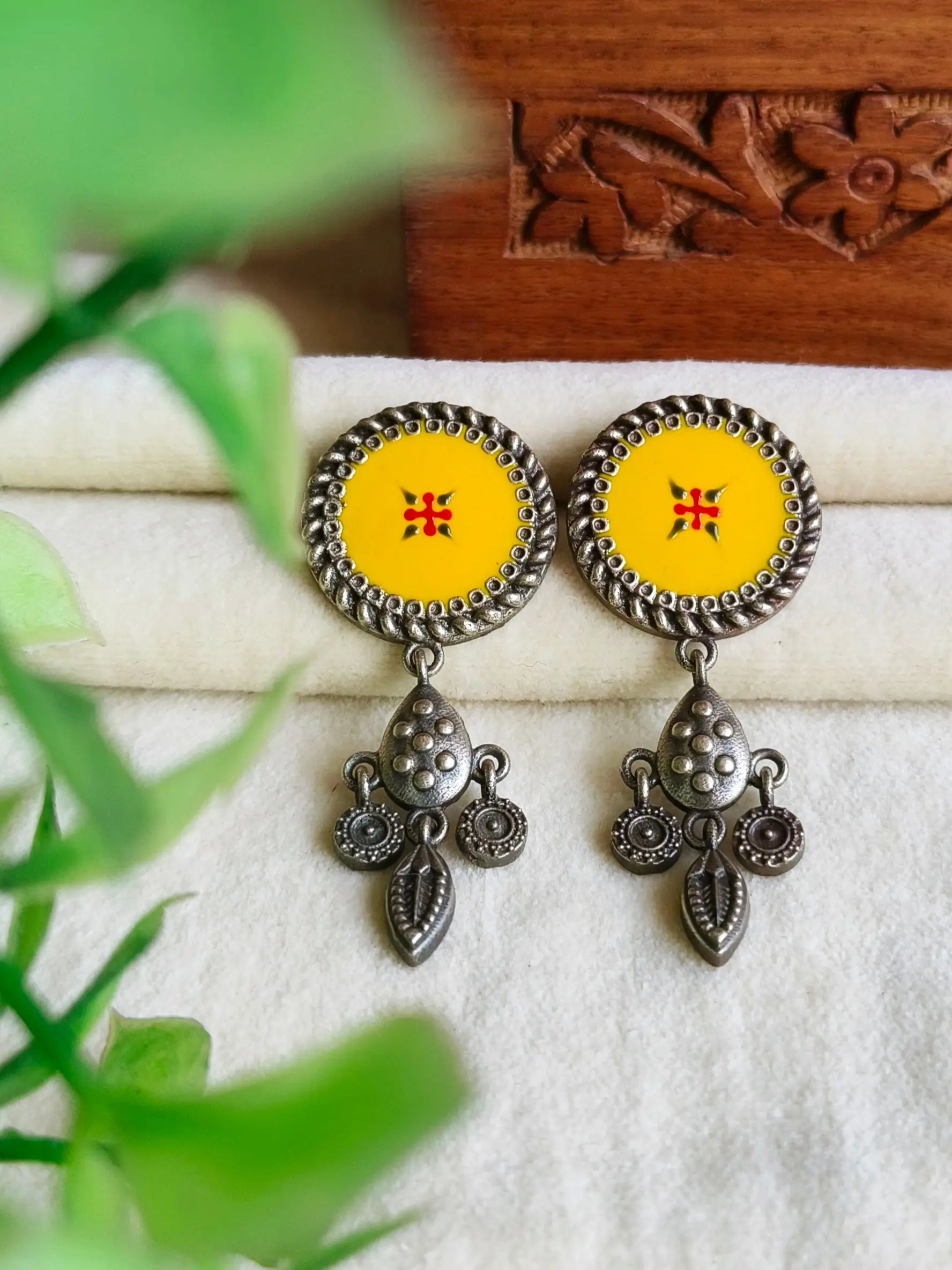 Handcrafted Oxidised Meenakari Round Dangler Earrings with Charm | Sarichka