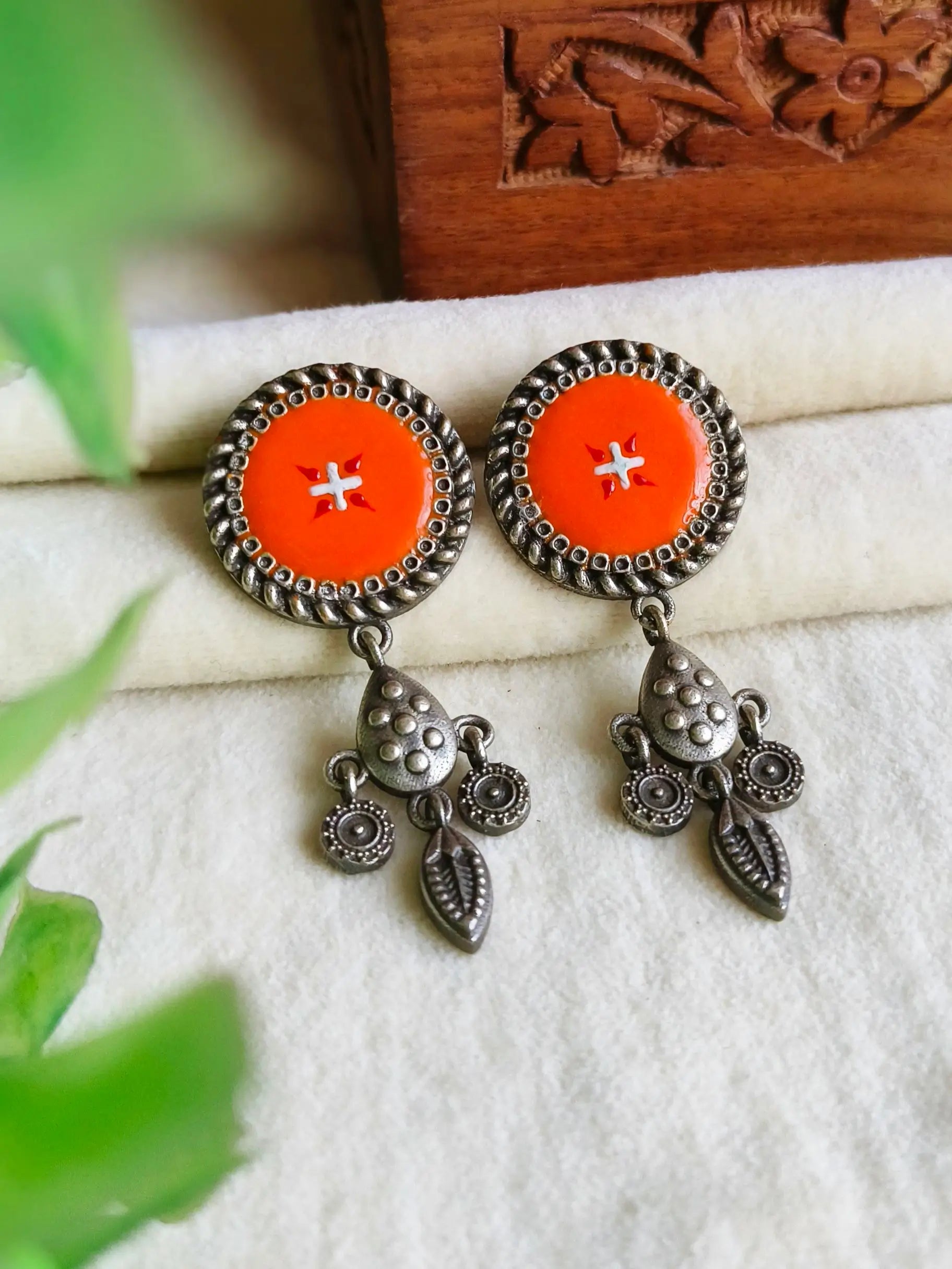 Handcrafted Oxidised Meenakari Round Dangler Earrings with Charm | Sarichka