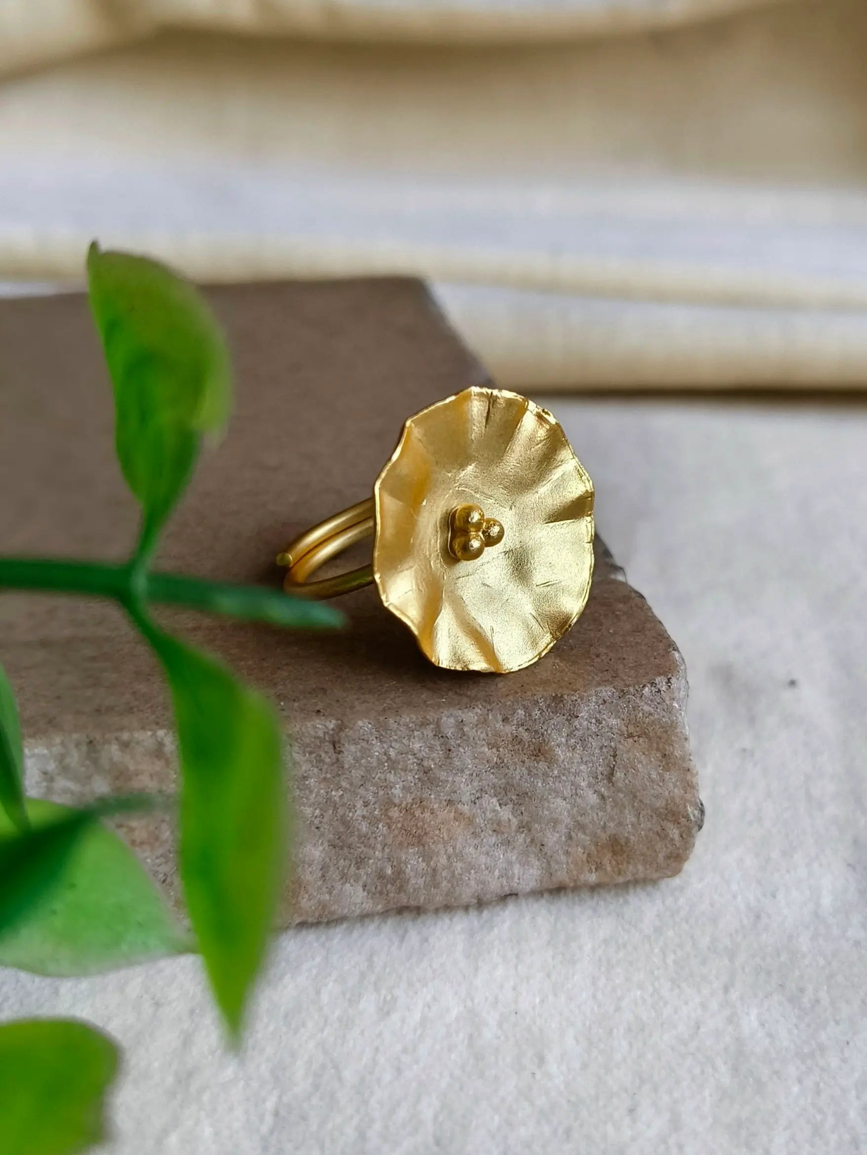 Gold-Plated Floral Stud Earrings & Adjustable Ring Combo | Sarichka