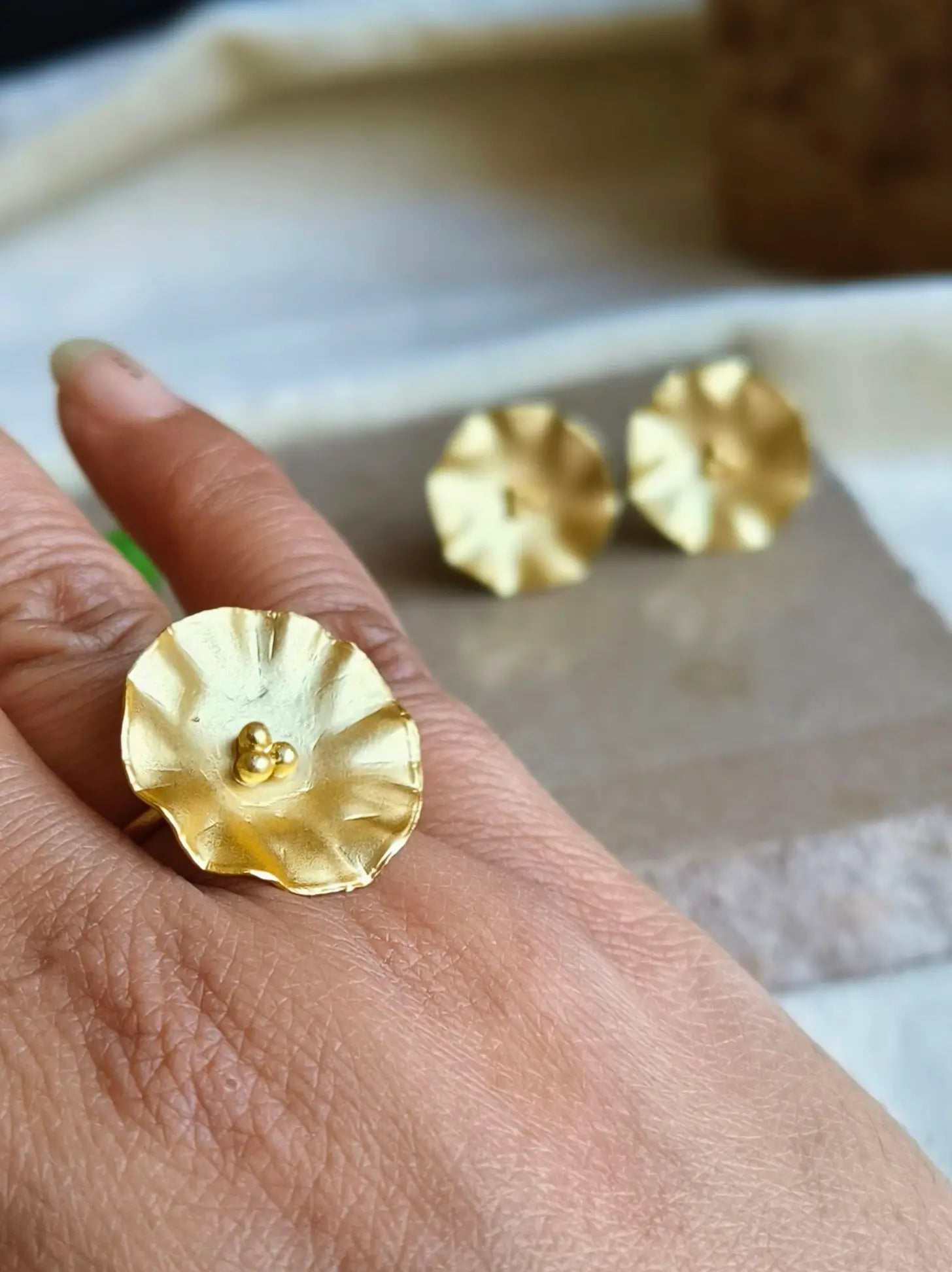 Gold-Plated Floral Stud Earrings & Adjustable Ring Combo | Sarichka