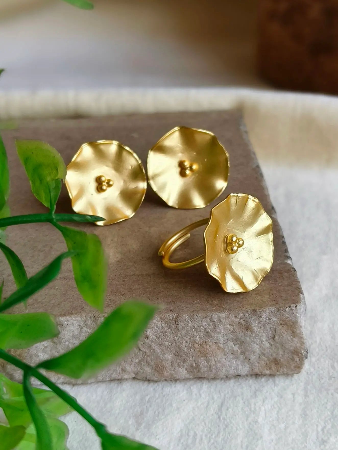 Gold-Plated Floral Stud Earrings & Adjustable Ring Combo | Sarichka