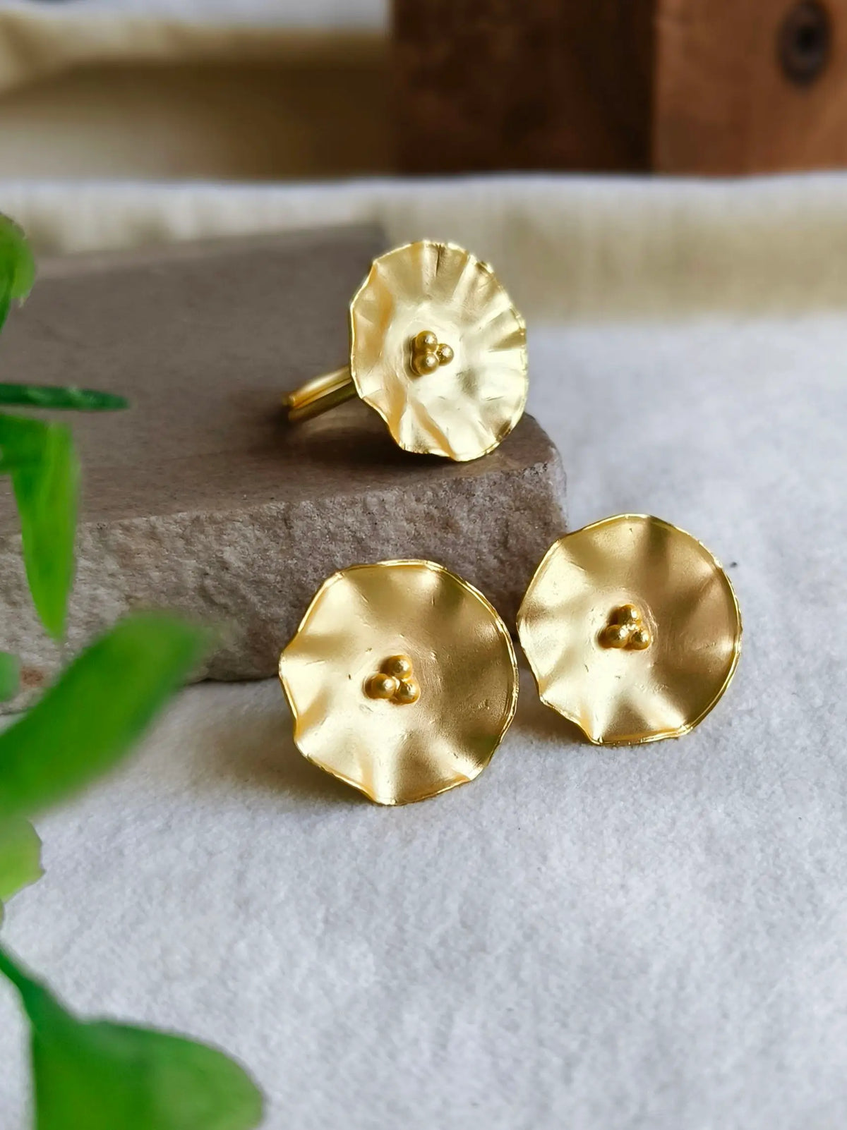 Gold-Plated Floral Stud Earrings & Adjustable Ring Combo | Sarichka