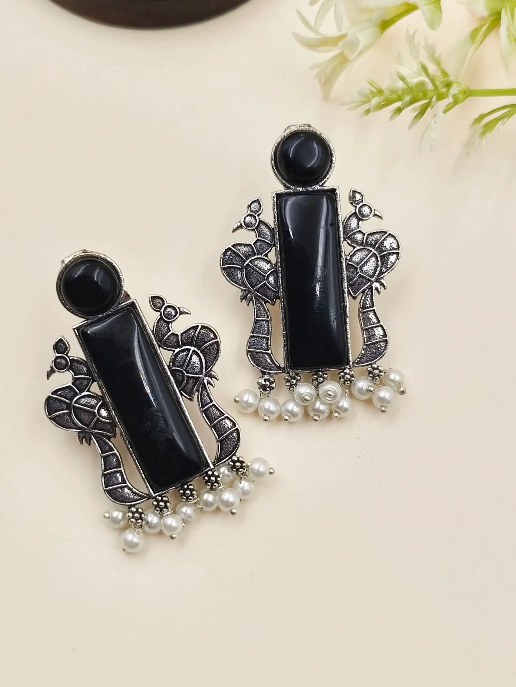 Elegant Oxidised Stud Earrings with Pearl Drops – Timeless Beauty | Sarichka