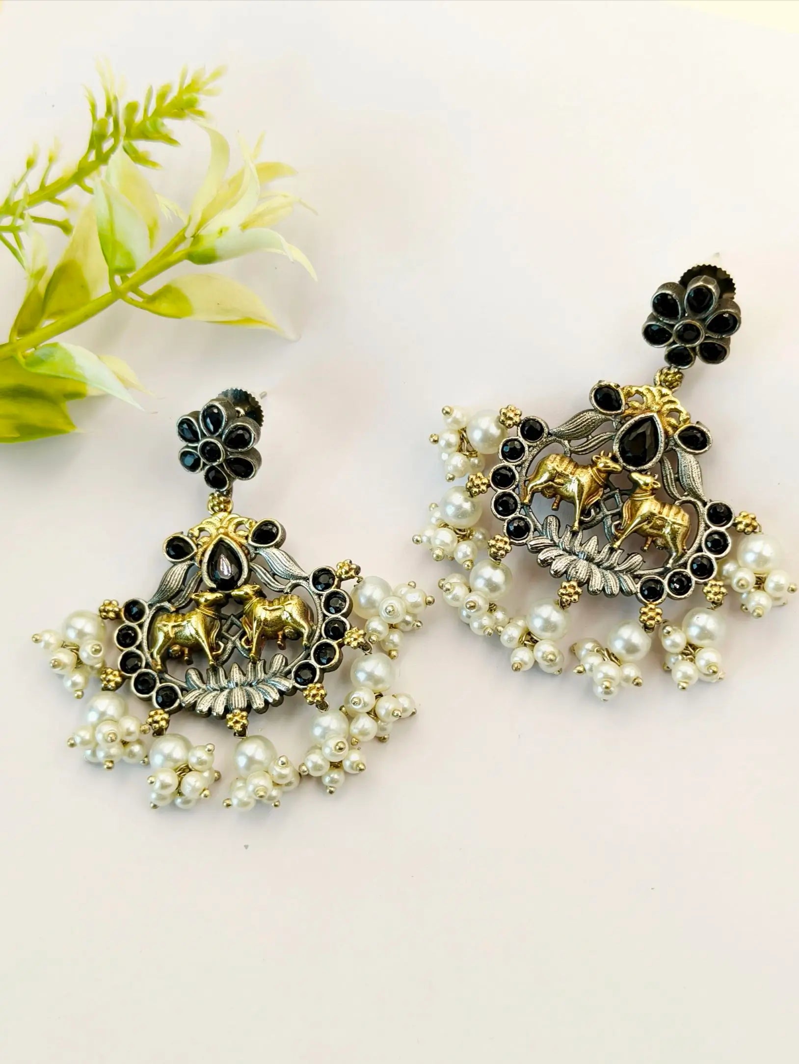 Antique Two-Tone Oxidised Ethnic Dangler Earrings with Intricate Design | Sarichka