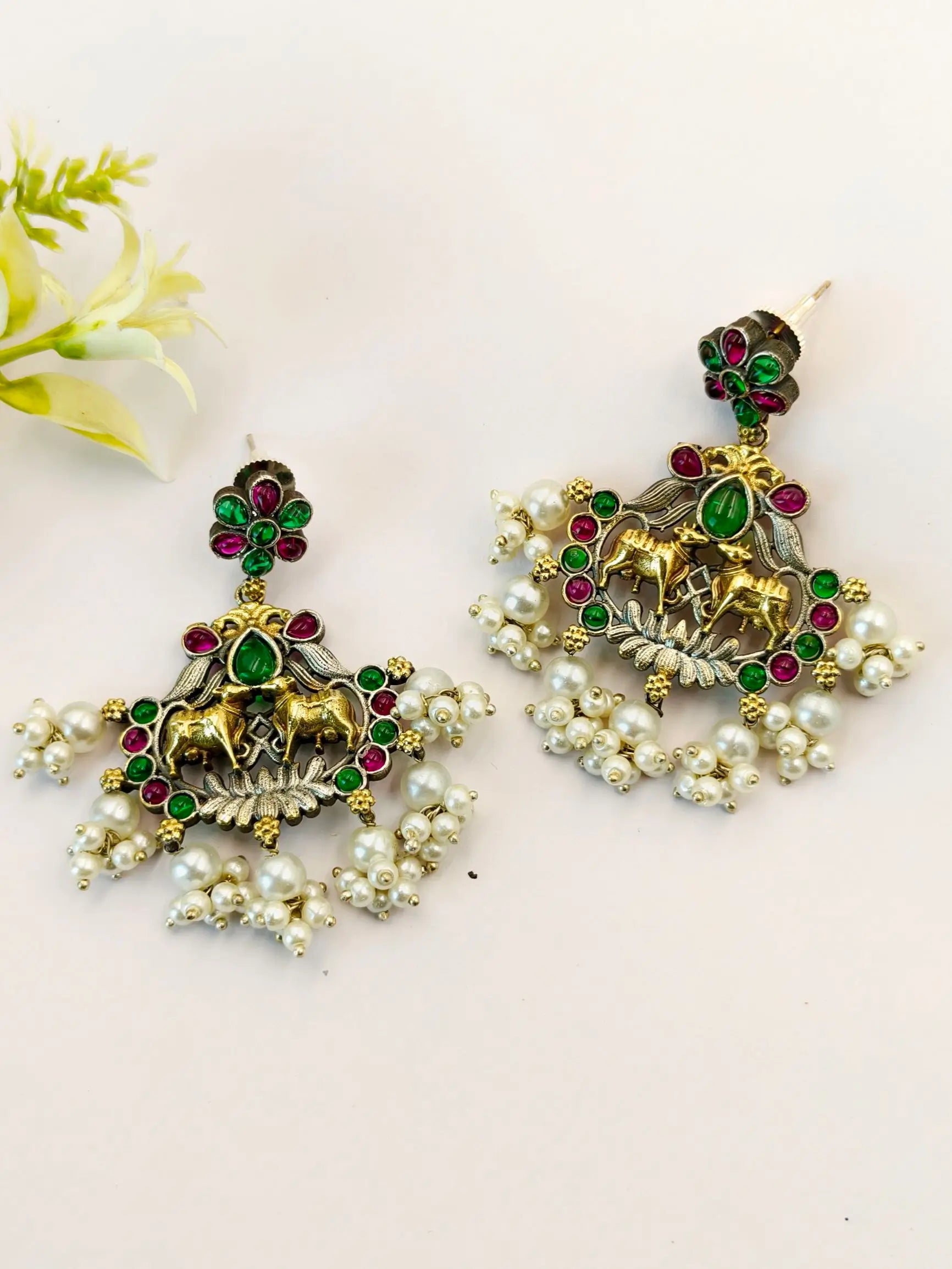 Antique Two-Tone Oxidised Ethnic Dangler Earrings with Intricate Design | Sarichka