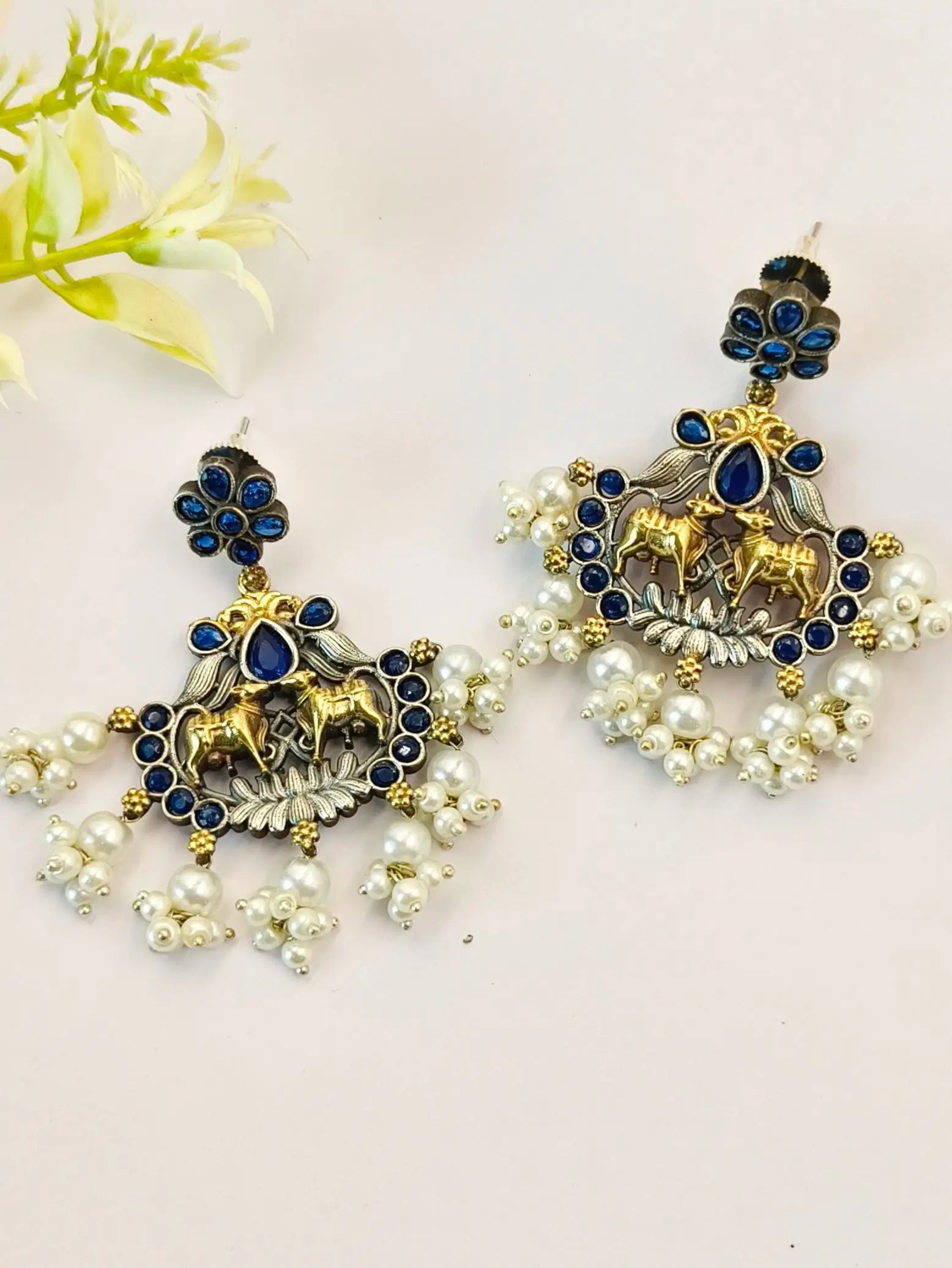 Antique Two-Tone Oxidised Ethnic Dangler Earrings with Intricate Design | Sarichka