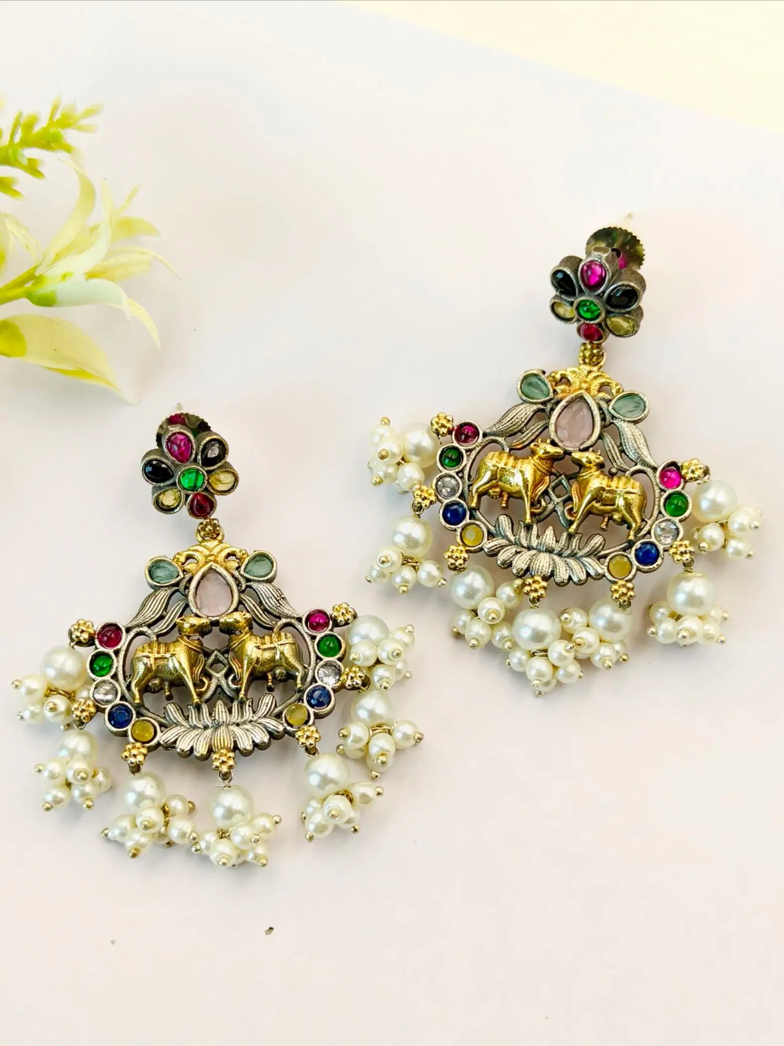 Antique Two-Tone Oxidised Ethnic Dangler Earrings with Intricate Design | Sarichka