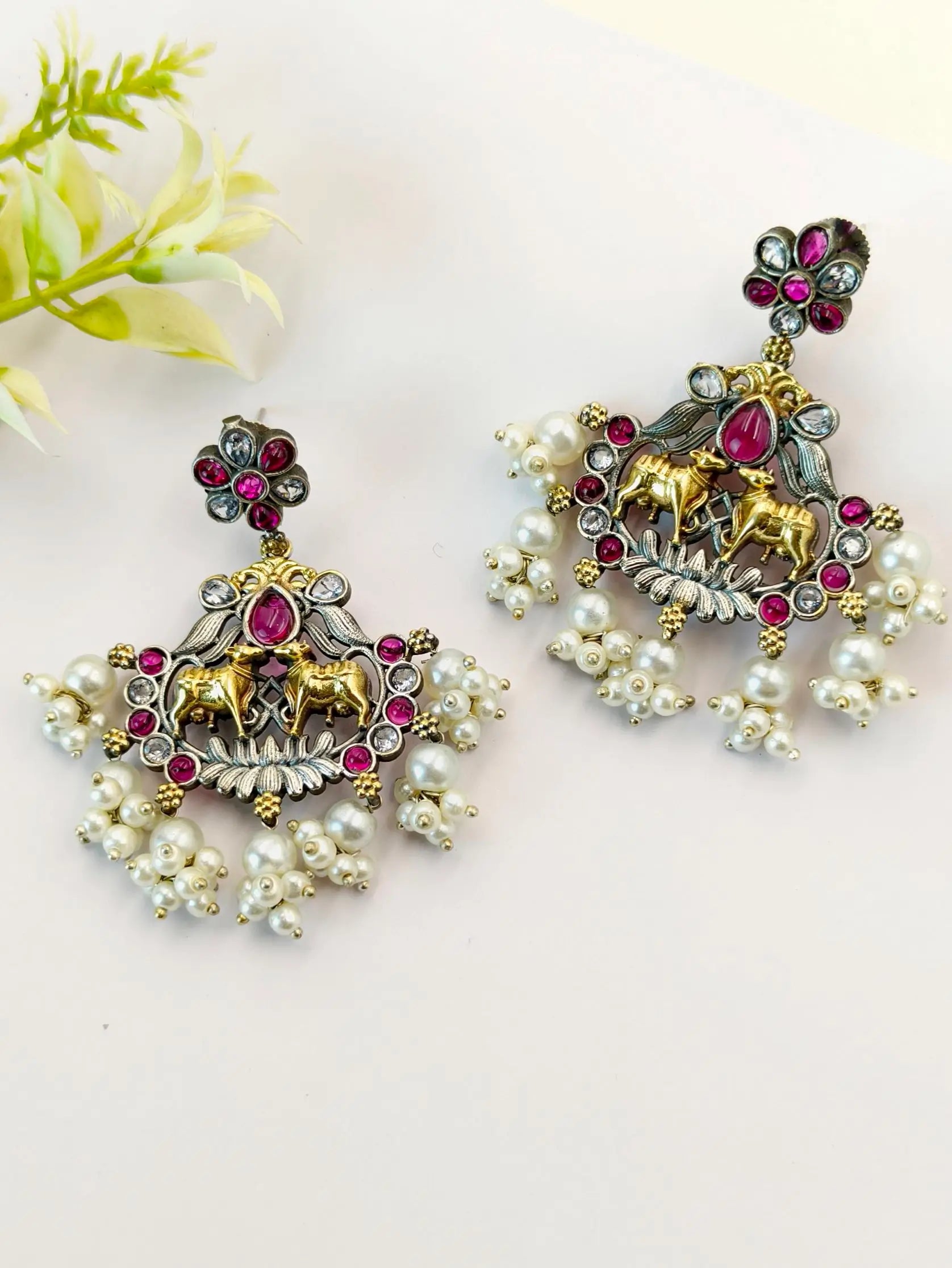 Antique Two-Tone Oxidised Ethnic Dangler Earrings with Intricate Design | Sarichka