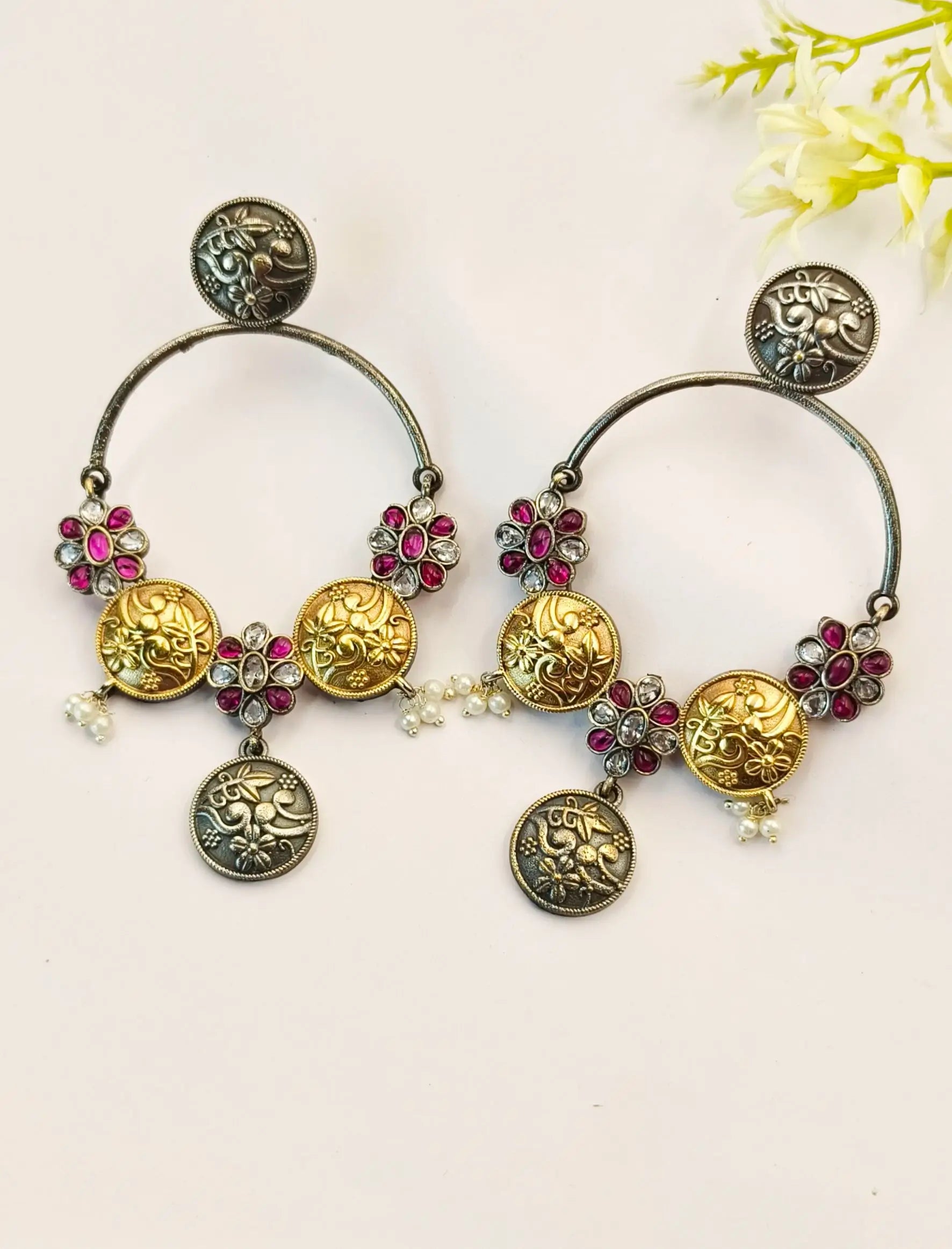 Dual-Tone Festive Dangler Earrings with Sparkling Stones | Sarichka