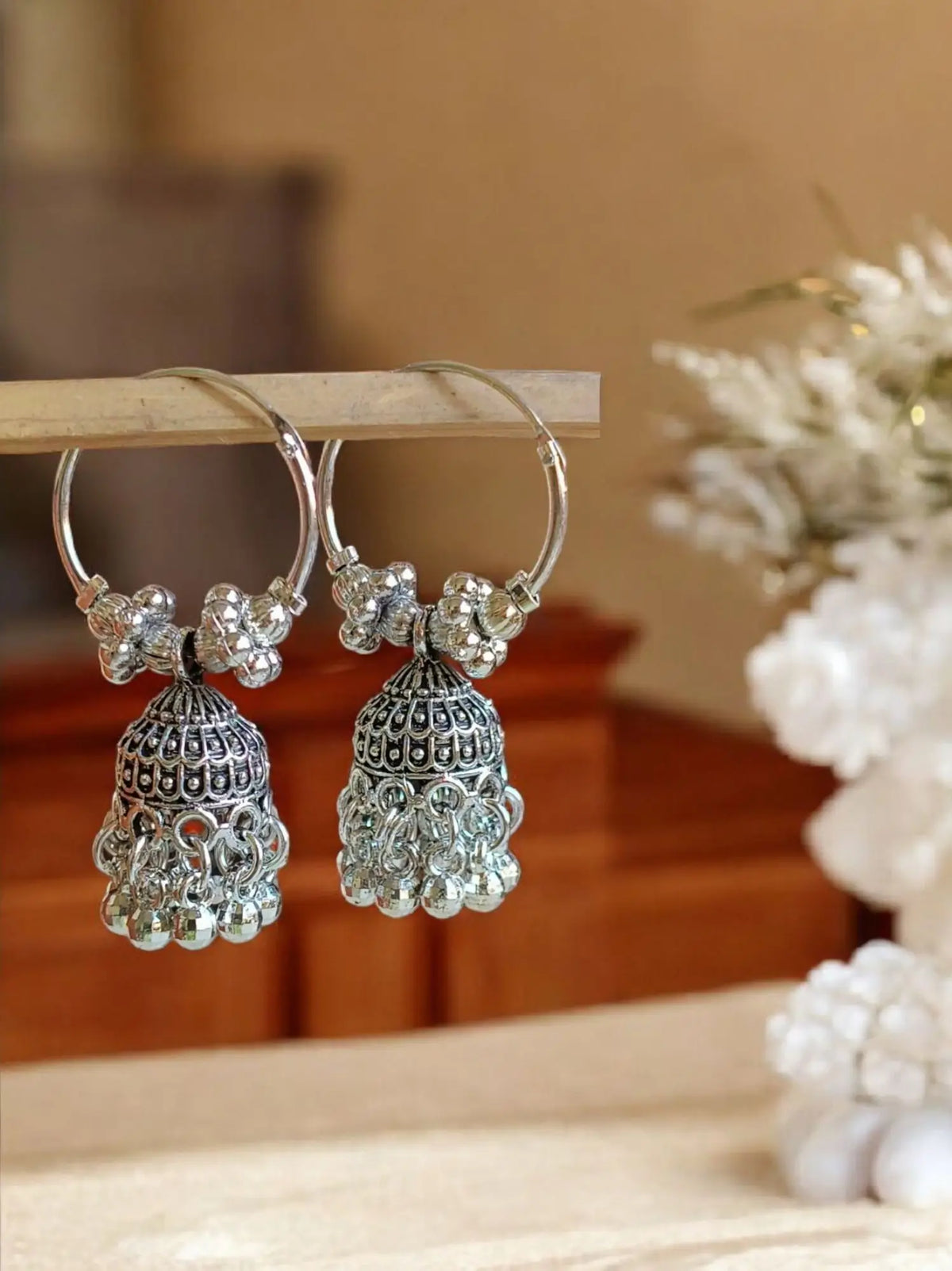 German Silver Chandbali Jhumkas with Ghungroos | Sarichka