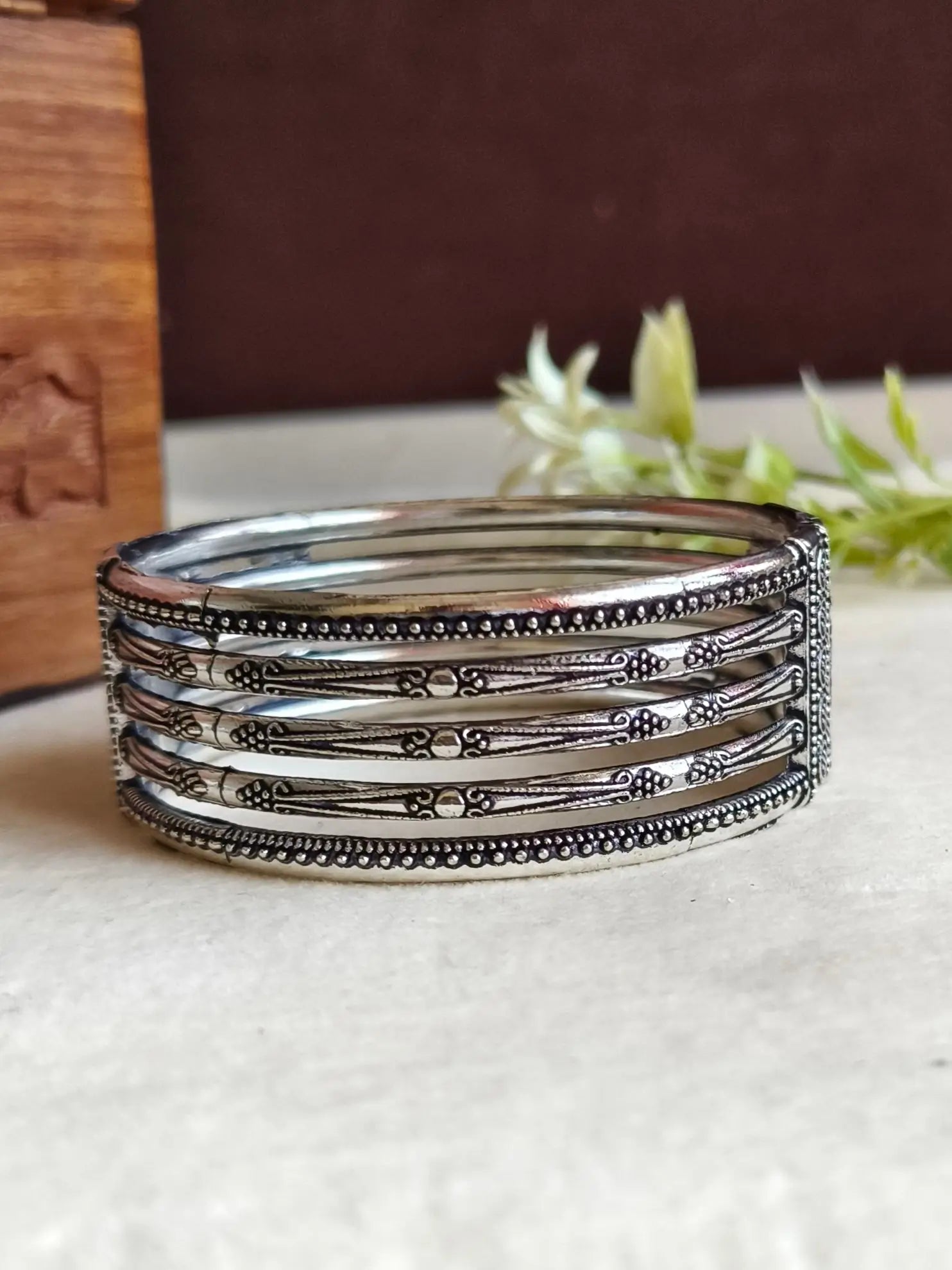 Elegant German Silver Navratri Openable Kadas Set | Sarichka Fashion