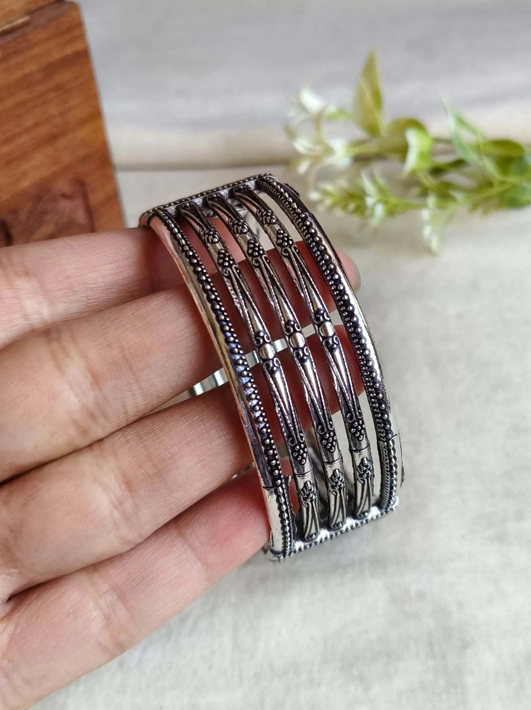 Elegant German Silver Navratri Openable Kadas Set | Sarichka Fashion