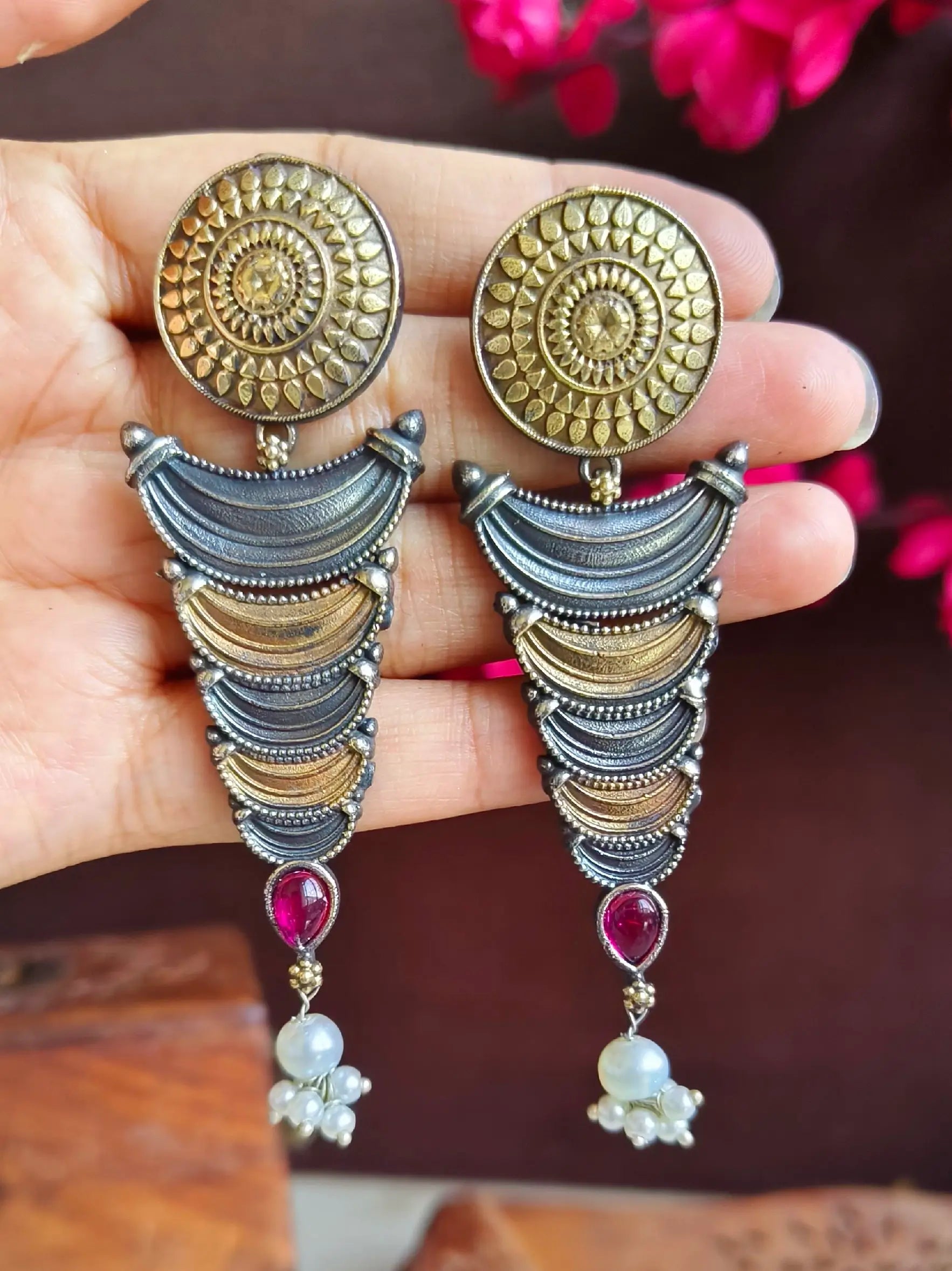 Two-Tone Dangler Earrings in Silver & Gold Finish | Sarichka
