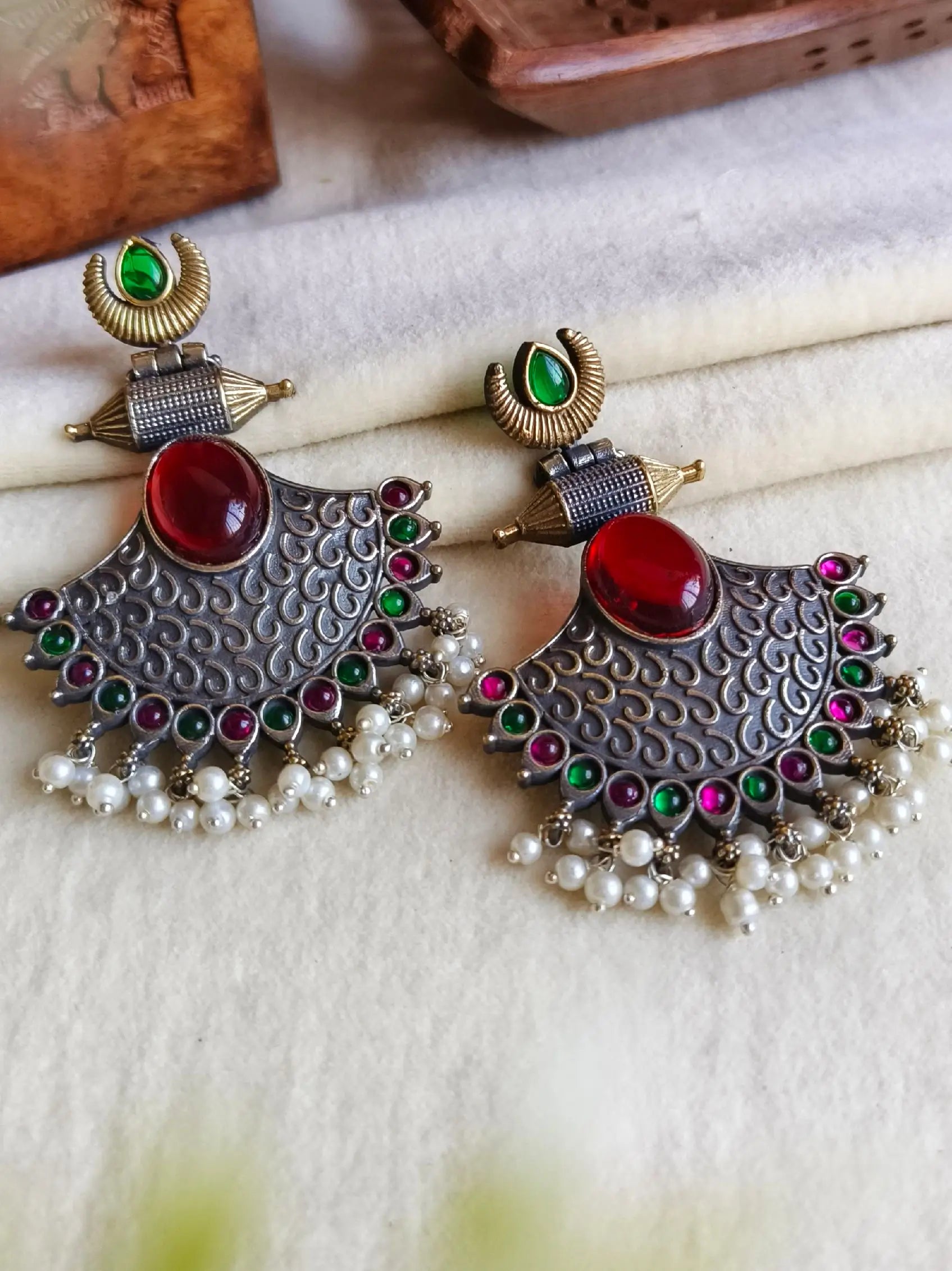 Dual Tone Pearl Dangler Earrings for Parties | Sarichka