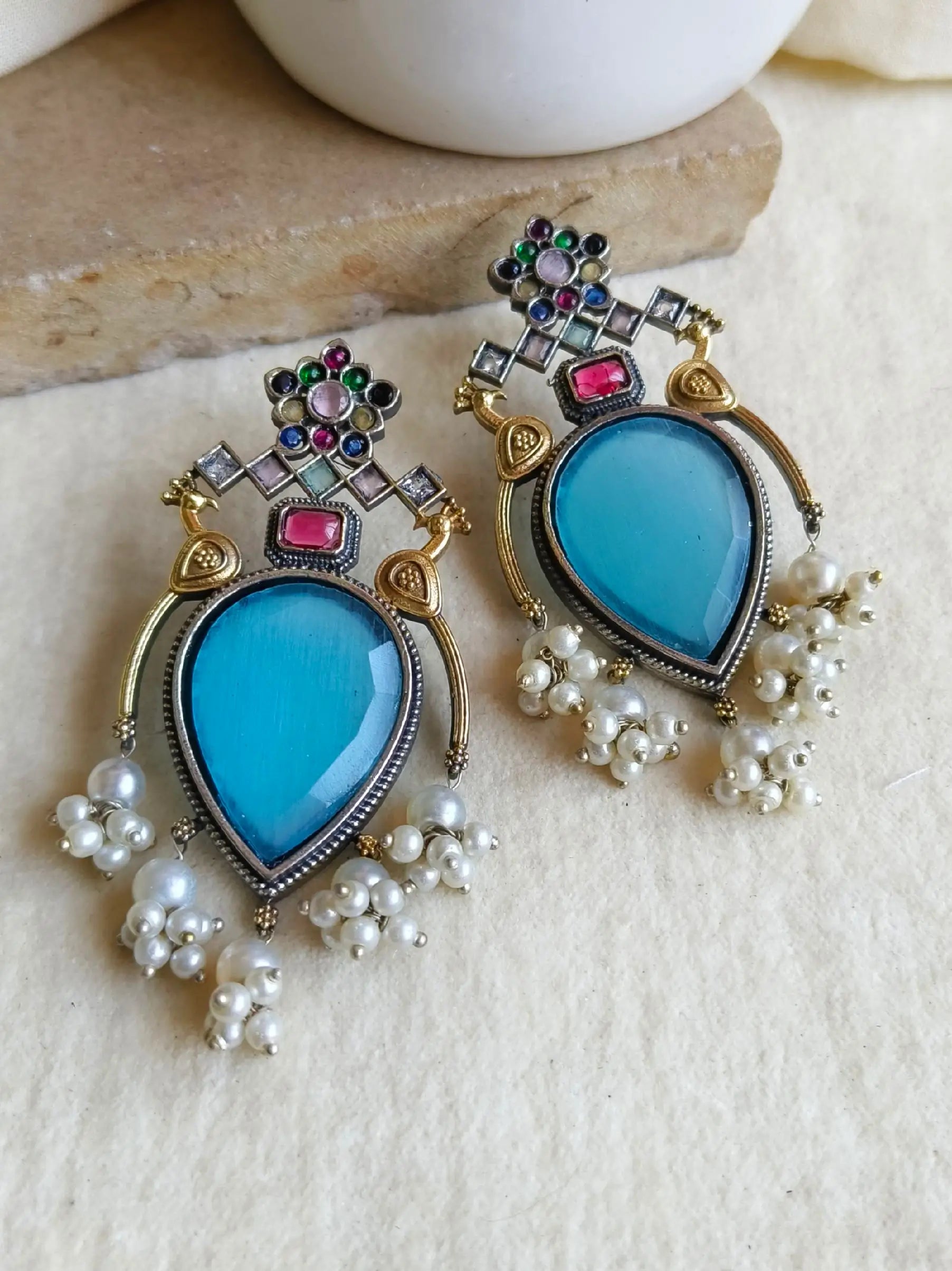 Antique Dual-Tone Peacock Pearl Earrings | Sarichka Fashion
