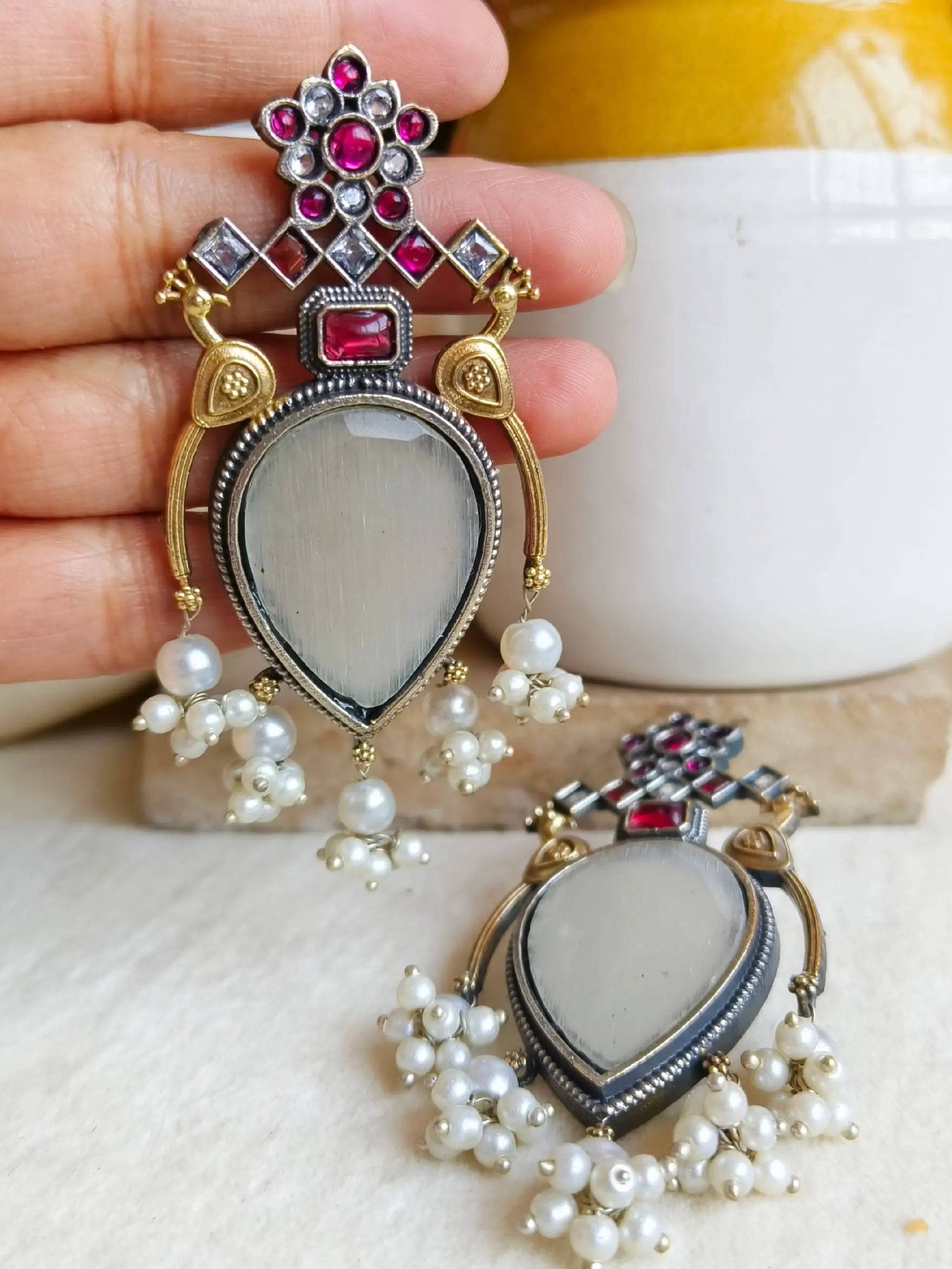 Antique Dual-Tone Peacock Pearl Earrings | Sarichka Fashion
