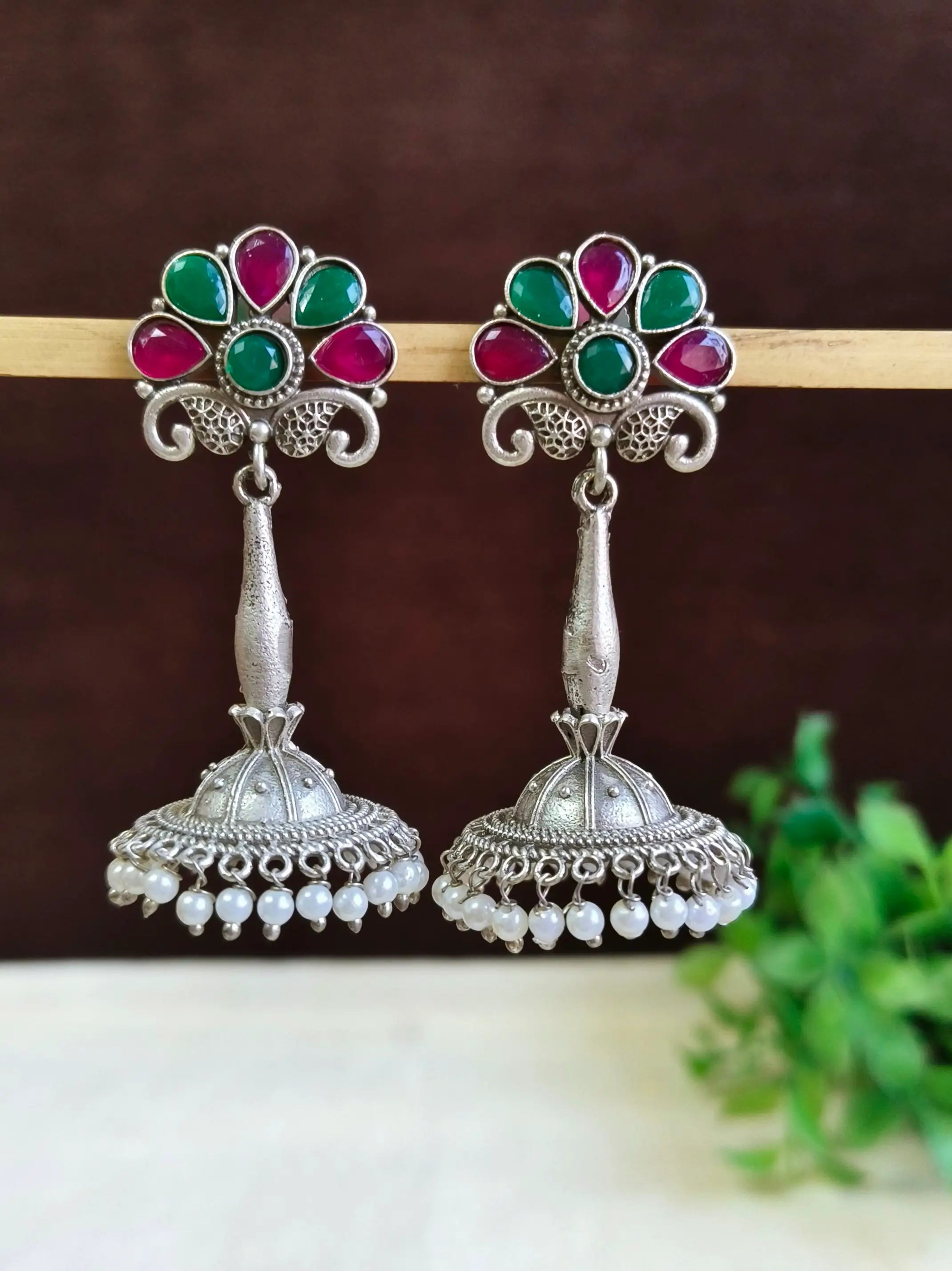 Antique Silver Pearl Jhumka Earrings | Sarichka Fashion