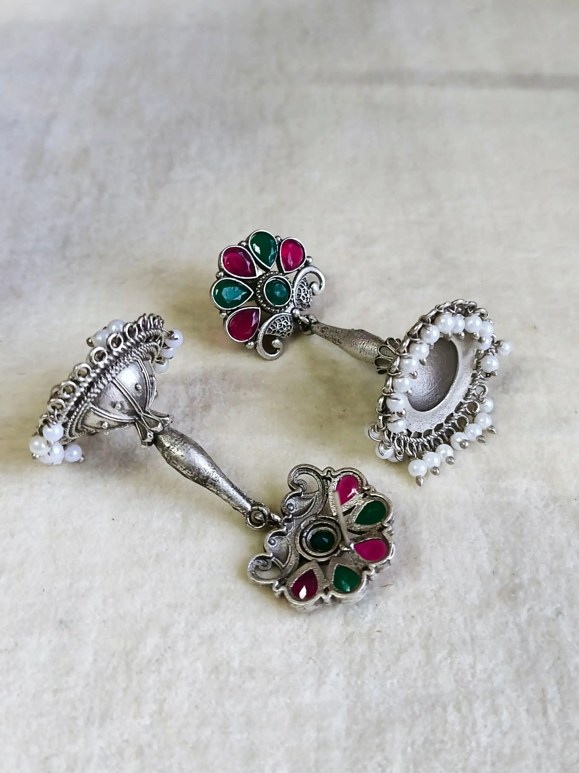Antique Silver Pearl Jhumka Earrings | Sarichka Fashion