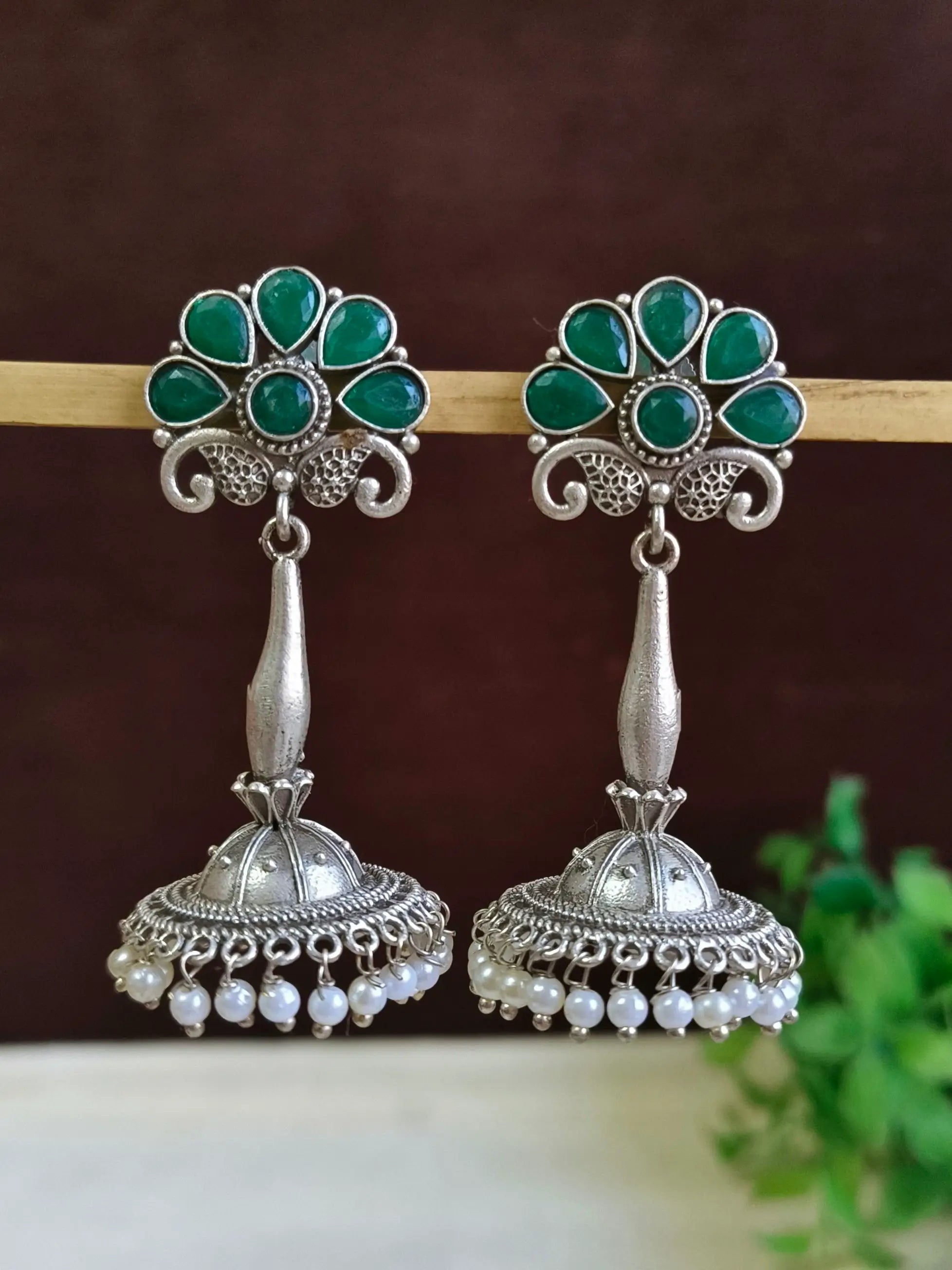 Antique Silver Pearl Jhumka Earrings | Sarichka Fashion