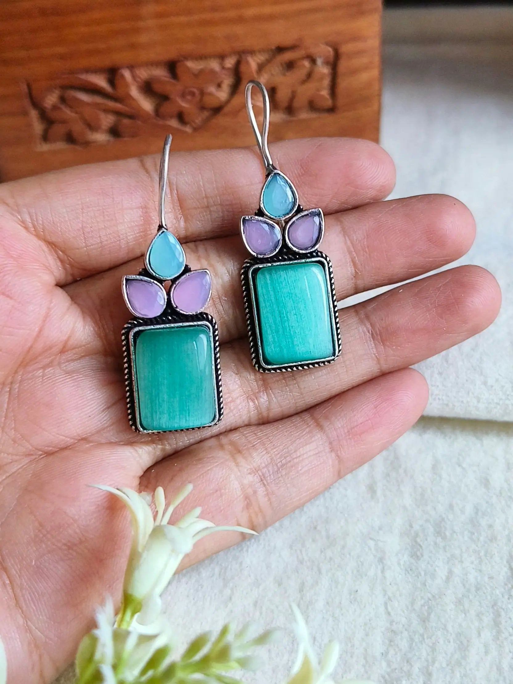 Oxidised Monalisa Stone Hook Earrings | Sarichka Fashion